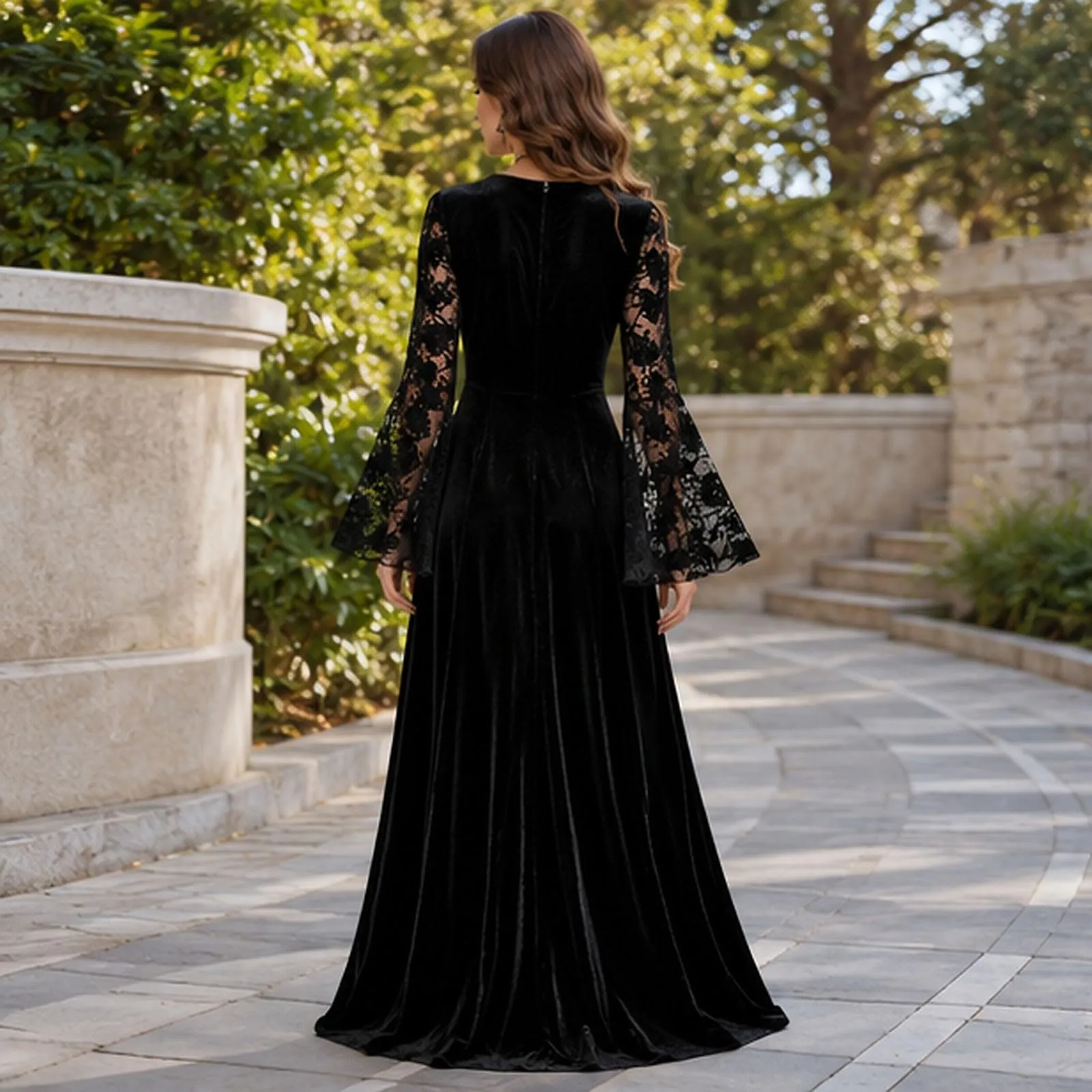 Bauzuoyo Costume da strega da donna in velluto e pizzo, nero, sexy, per feste, Halloween, bodycon, gotico, con maniche a tromba, elegante abito da sera, abito da cocktail, Nero, S - immagine 4