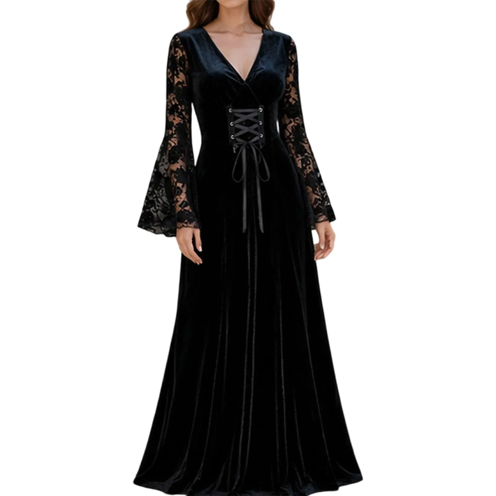 Bauzuoyo Costume da strega da donna in velluto e pizzo, nero, sexy, per feste, Halloween, bodycon, gotico, con maniche a tromba, elegante abito da sera, abito da cocktail, Nero, M - immagine 1