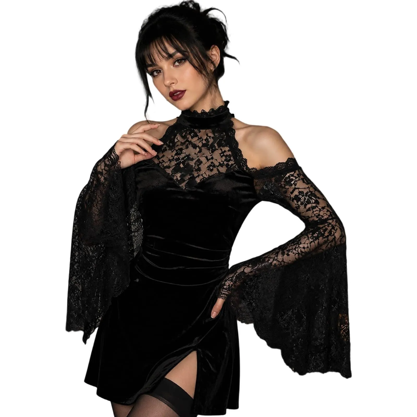 Bauzuoyo Costume da strega da donna in velluto e pizzo, nero, sexy, per feste, Halloween, bodycon, gotico, con maniche a tromba, elegante abito da sera, abito da cocktail, Nero3., M - immagine 1