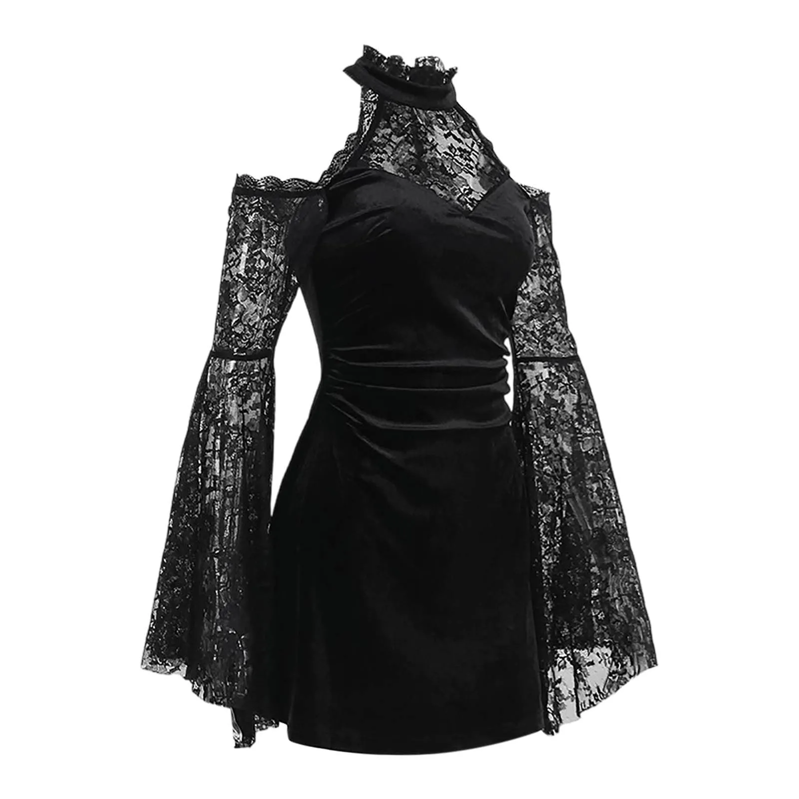 Bauzuoyo Costume da strega da donna in velluto e pizzo, nero, sexy, per feste, Halloween, bodycon, gotico, con maniche a tromba, elegante abito da sera, abito da cocktail, Nero3., M - immagine 6