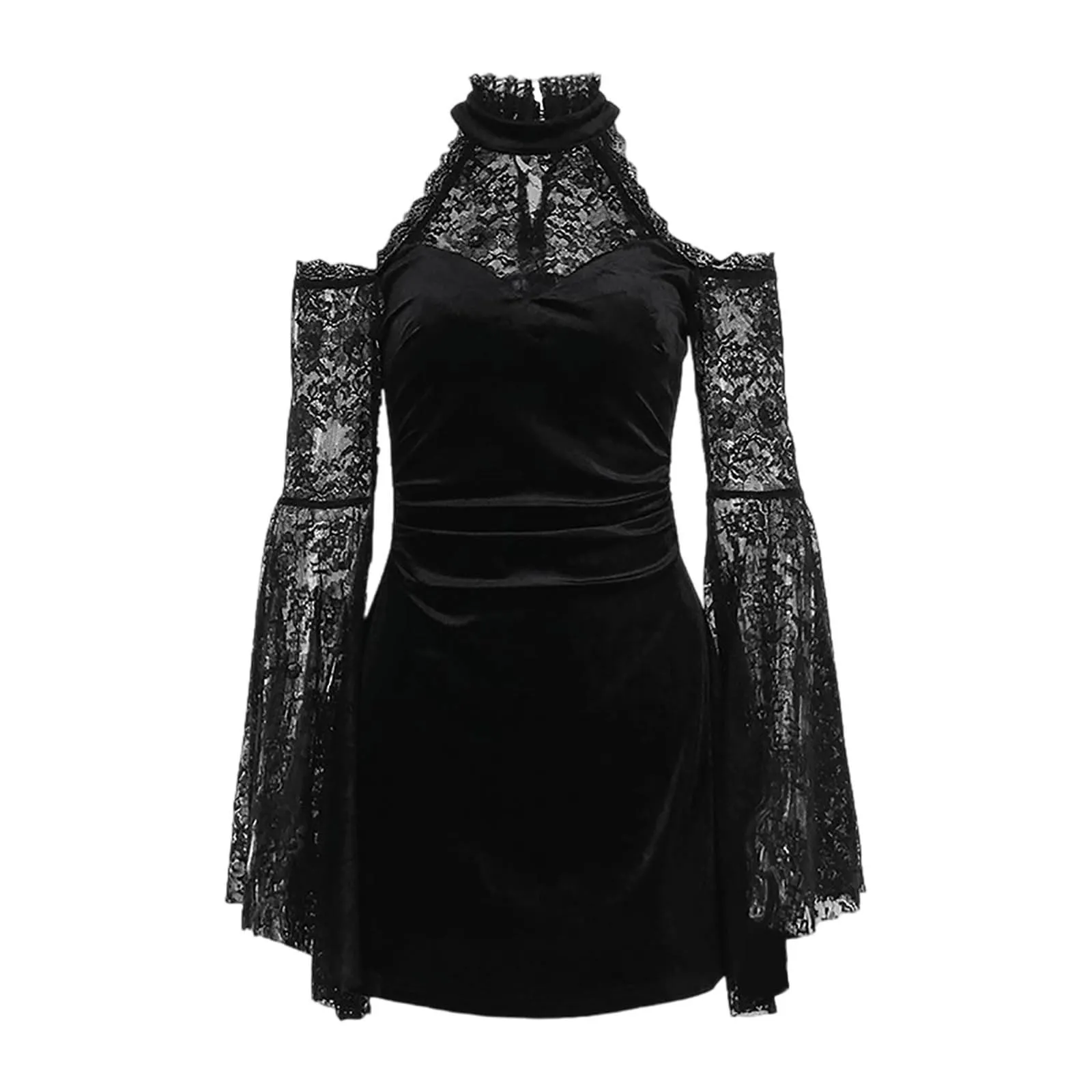 Bauzuoyo Costume da strega da donna in velluto e pizzo, nero, sexy, per feste, Halloween, bodycon, gotico, con maniche a tromba, elegante abito da sera, abito da cocktail, Nero3., M - immagine 7