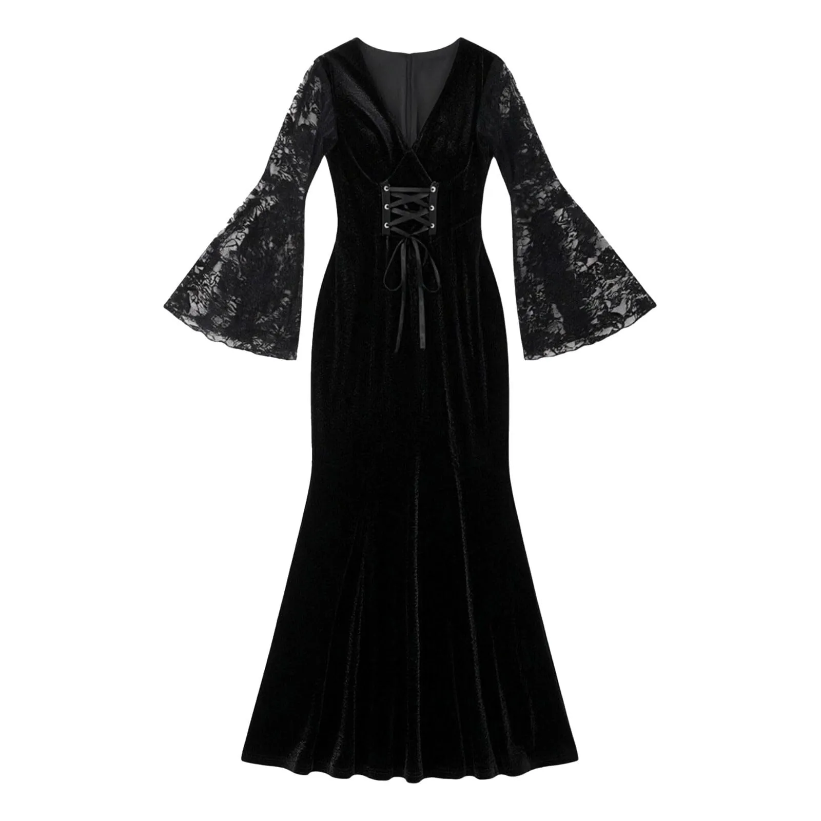 Bauzuoyo Costume da strega da donna in velluto e pizzo, nero, sexy, per feste, Halloween, bodycon, gotico, con maniche a tromba, elegante abito da sera, abito da cocktail, Nero, XL - immagine 6