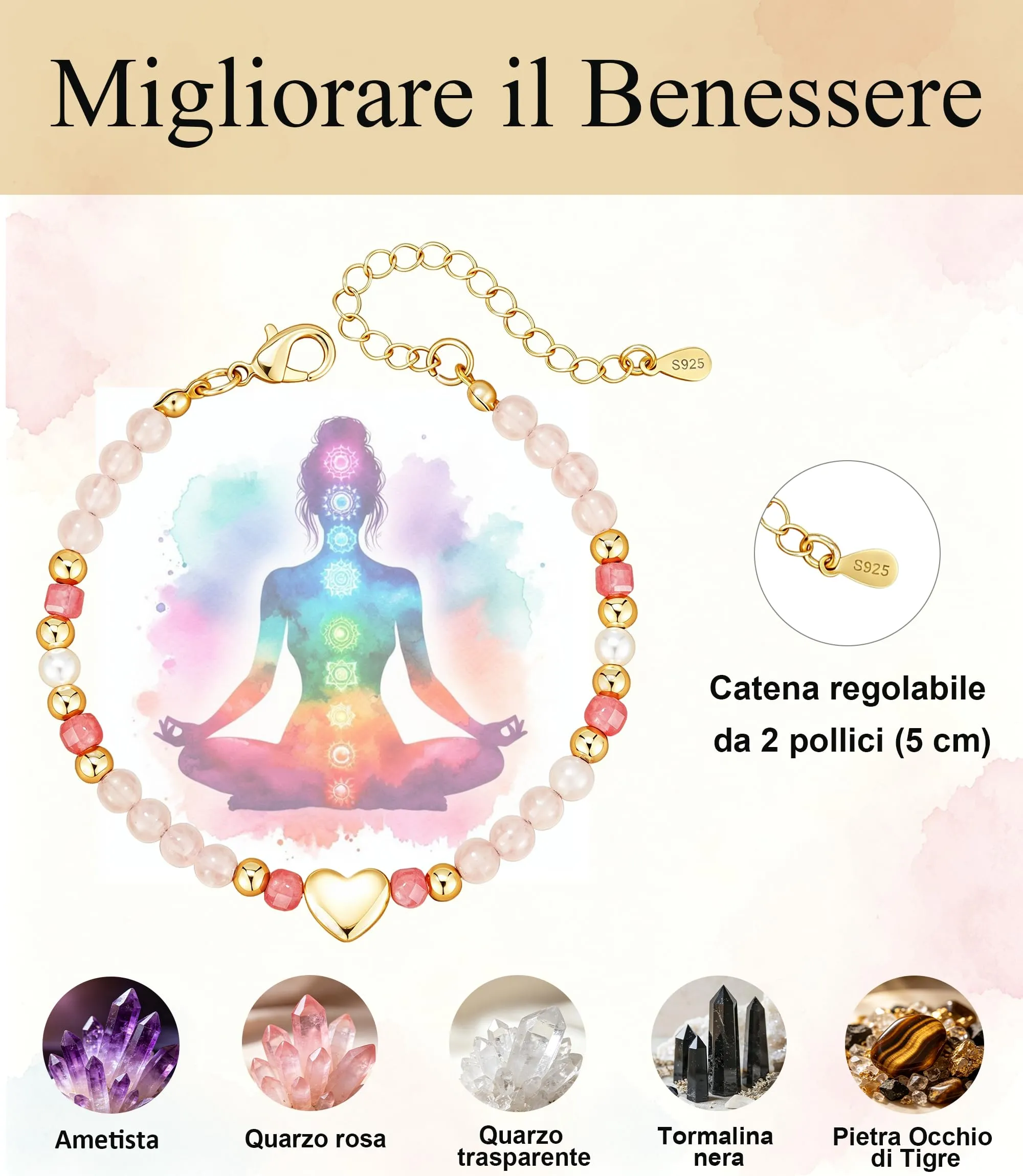 Rajputana Bracciale Donna Pietre Naturaliper Cristallo Regalo Compleanno - immagine 3