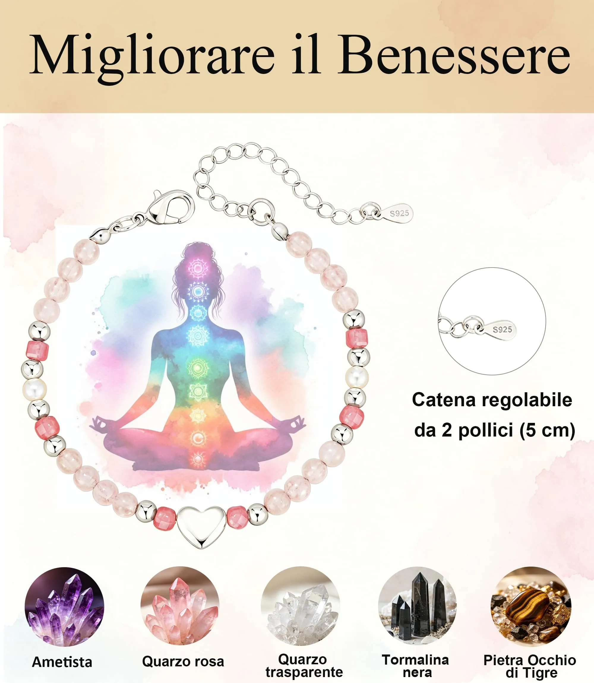 Rajputana Bracciale Donna Pietre Naturaliper Cristallo Regalo Compleanno - immagine 3