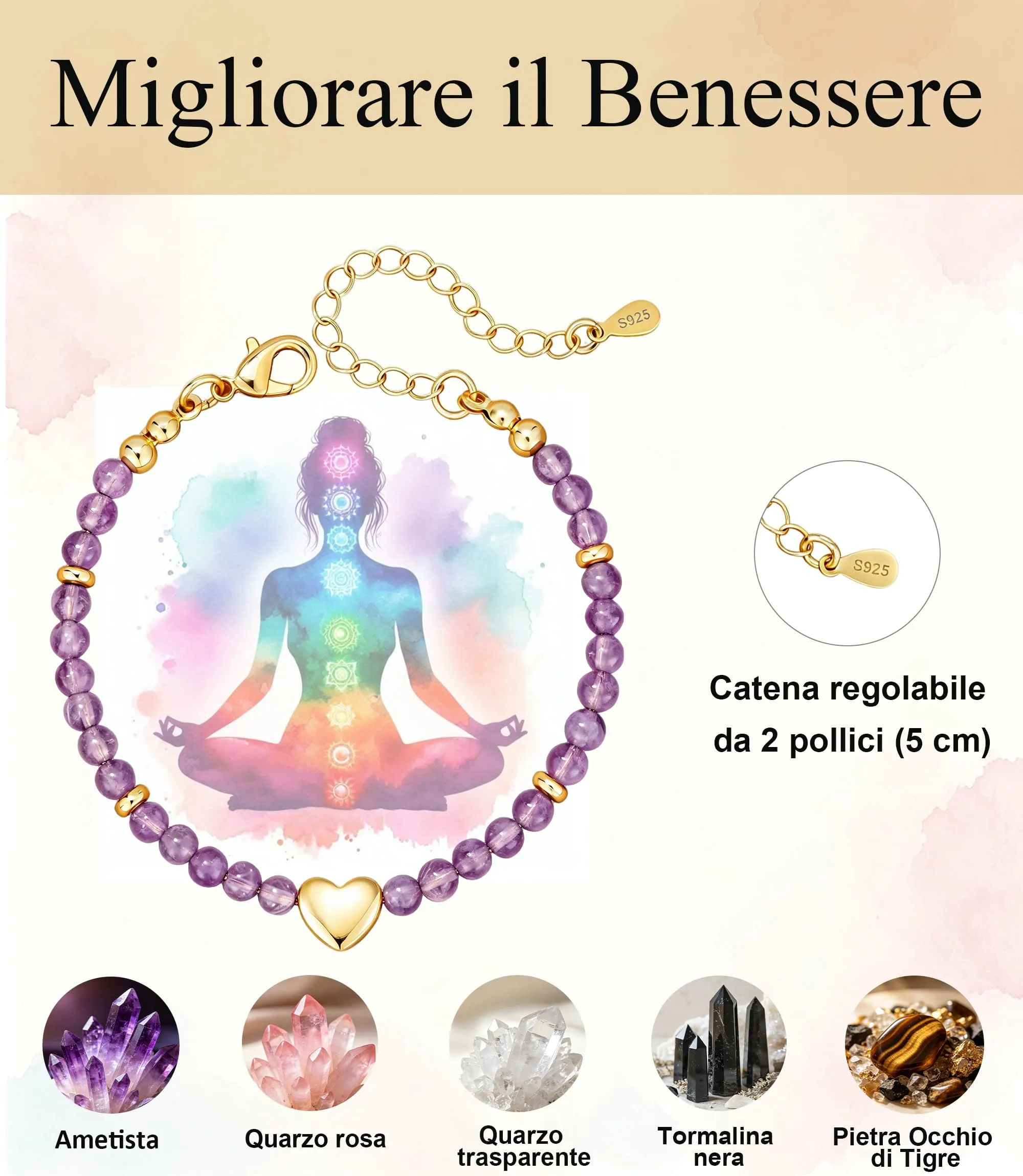 Rajputana Bracciale Donna Pietre Naturaliper Cristallo Regalo Compleanno - immagine 3
