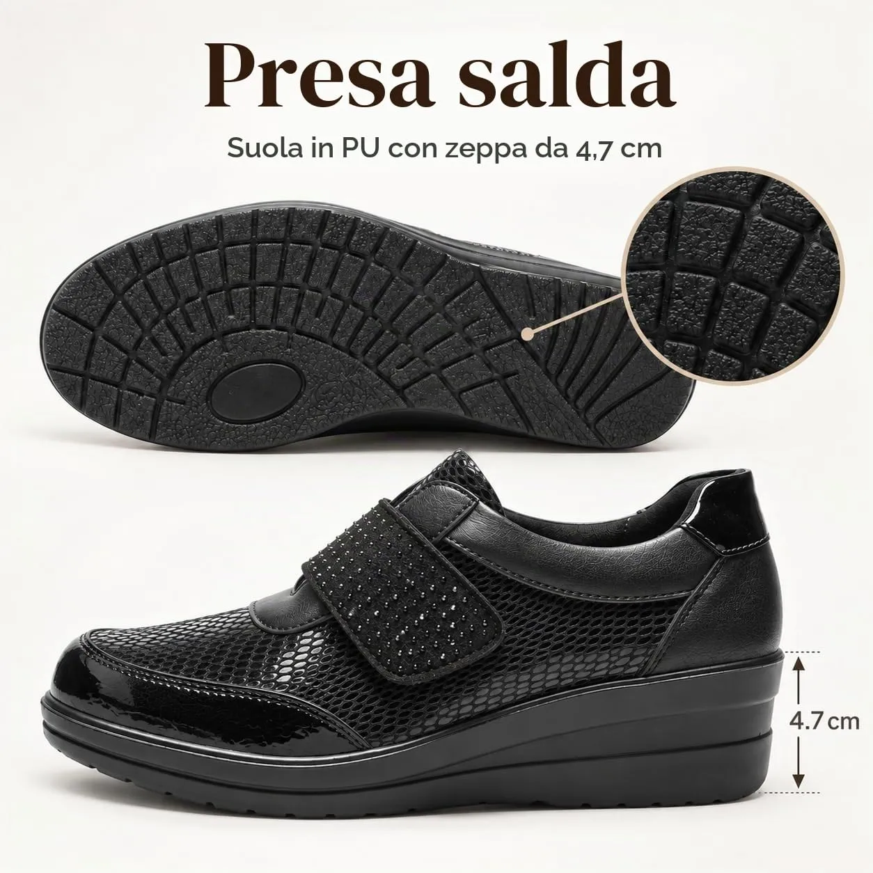 CLEIKS Scarpe Senza Lacci Donna Loafer Mocassini Slip On Zeppa Decorate con Strass Antiscivolo (Nero, 41 EU, CWCL265158-1) - immagine 5