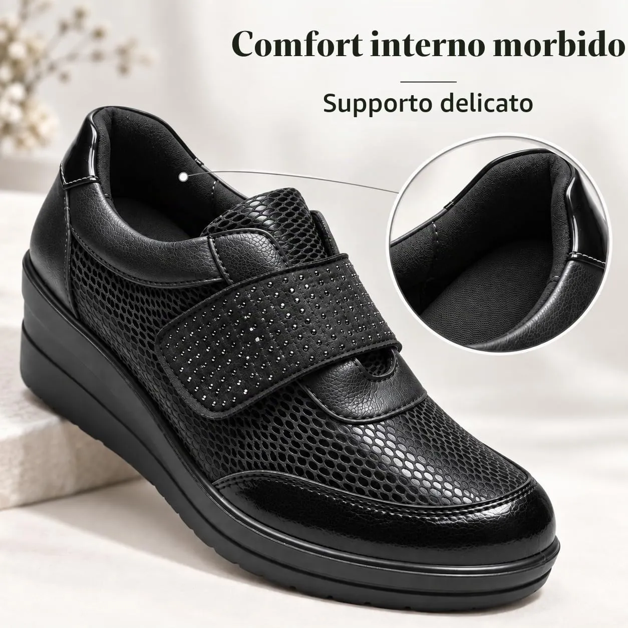CLEIKS Scarpe Senza Lacci Donna Loafer Mocassini Slip On Zeppa Decorate con Strass Antiscivolo (Nero, 41 EU, CWCL265158-1) - immagine 6