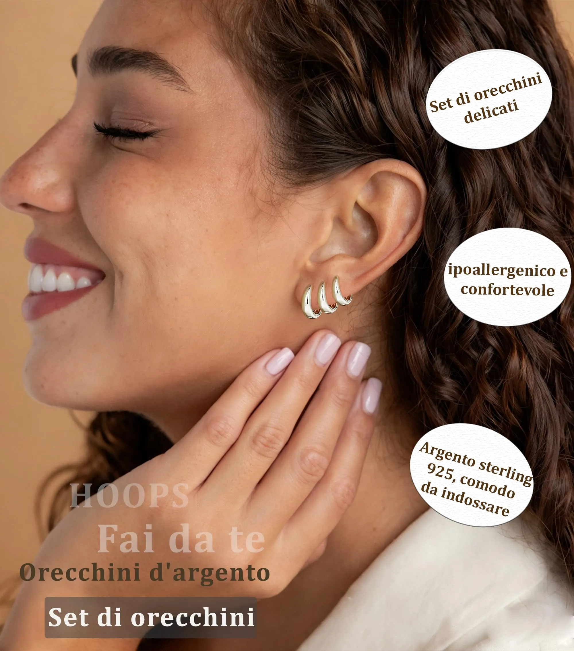 3 Paia Orecchini Donna Argento Anallergici Set Orecchini Cerchio Piccoli - immagine 2