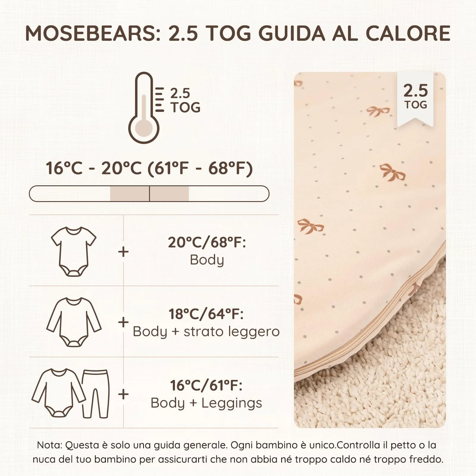 Mosebears Sacco Nanna Invernale 2,5 TOG con Maniche Staccabili, Khaki, 14-24 Mesi - immagine 6