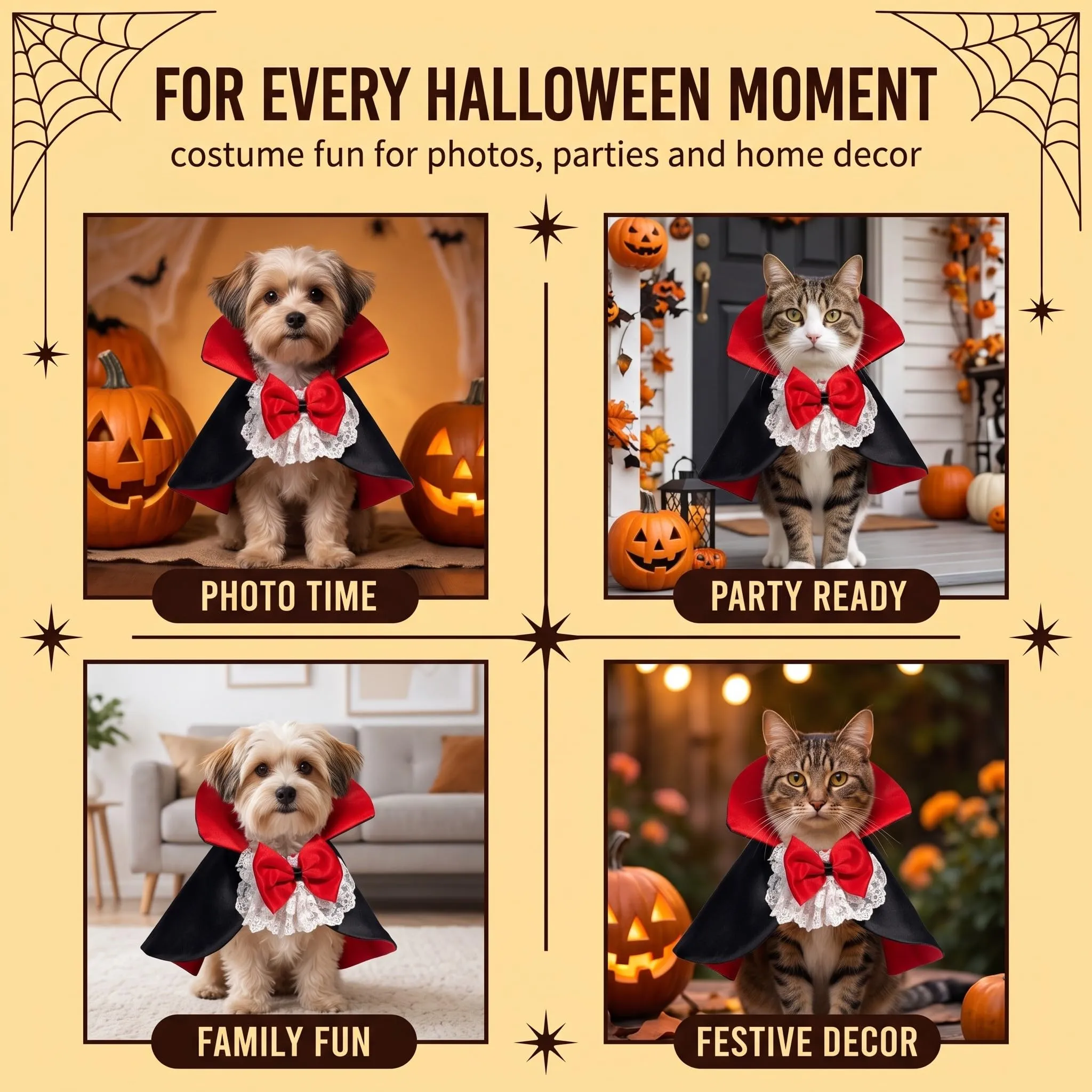 Mantello Halloween per Gatti e Cani Taglia L, Costume Halloween Gatto con Farfallino, Mantello per Animali Domestici per Travestimento Festa e Cosplay - immagine 2