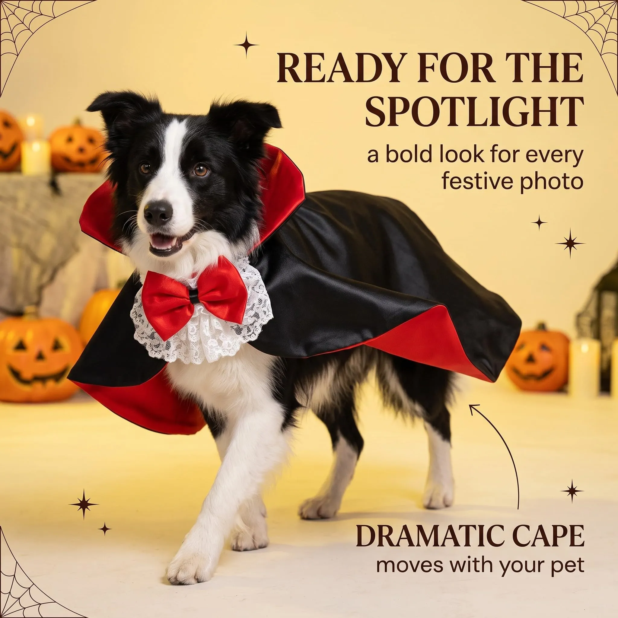Mantello Halloween per Gatti e Cani Taglia L, Costume Halloween Gatto con Farfallino, Mantello per Animali Domestici per Travestimento Festa e Cosplay - immagine 3