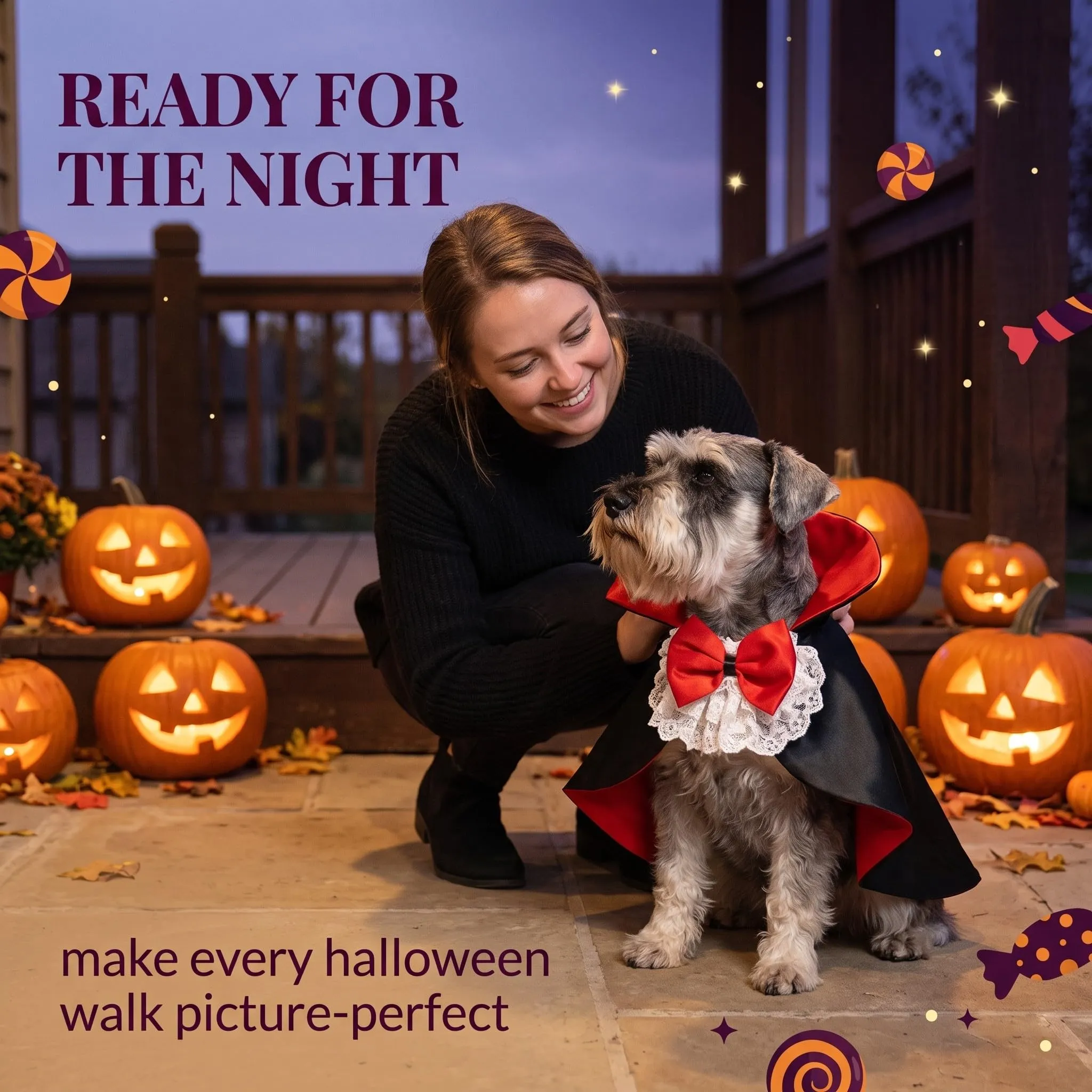 Mantello Halloween per Gatti e Cani Taglia S, Costume Halloween Gatto con Farfallino, Mantellina per Travestimento Animali Domestici, Accessorio per Feste - immagine 3