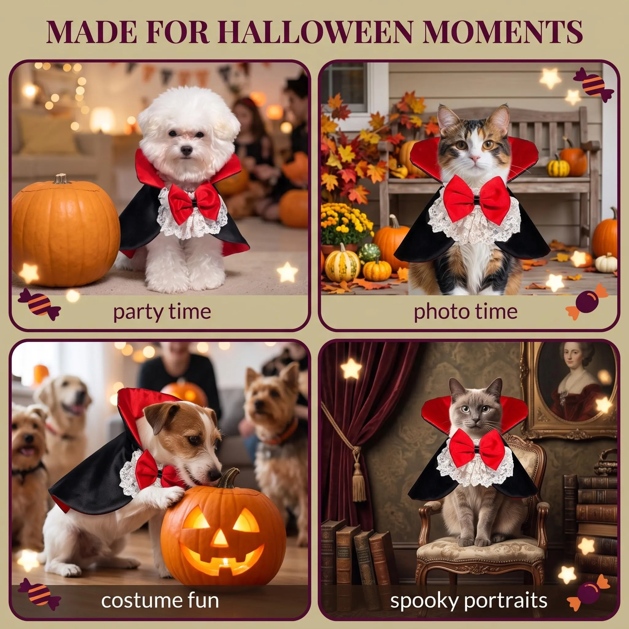 Mantello Halloween per Gatti e Cani Taglia S, Costume Halloween Gatto con Farfallino, Mantellina per Travestimento Animali Domestici, Accessorio per Feste - immagine 5