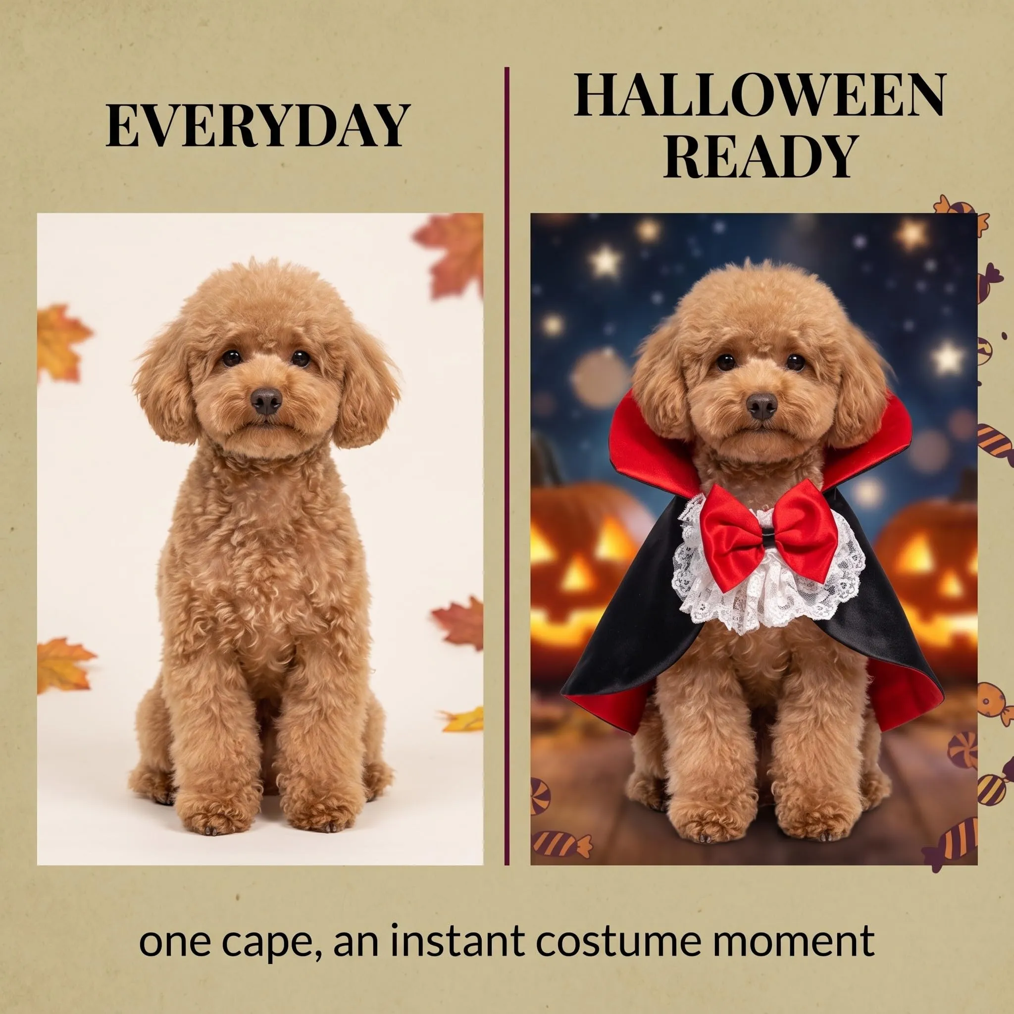 Mantello Halloween per Gatti e Cani Taglia S, Costume Halloween Gatto con Farfallino, Mantellina per Travestimento Animali Domestici, Accessorio per Feste - immagine 6