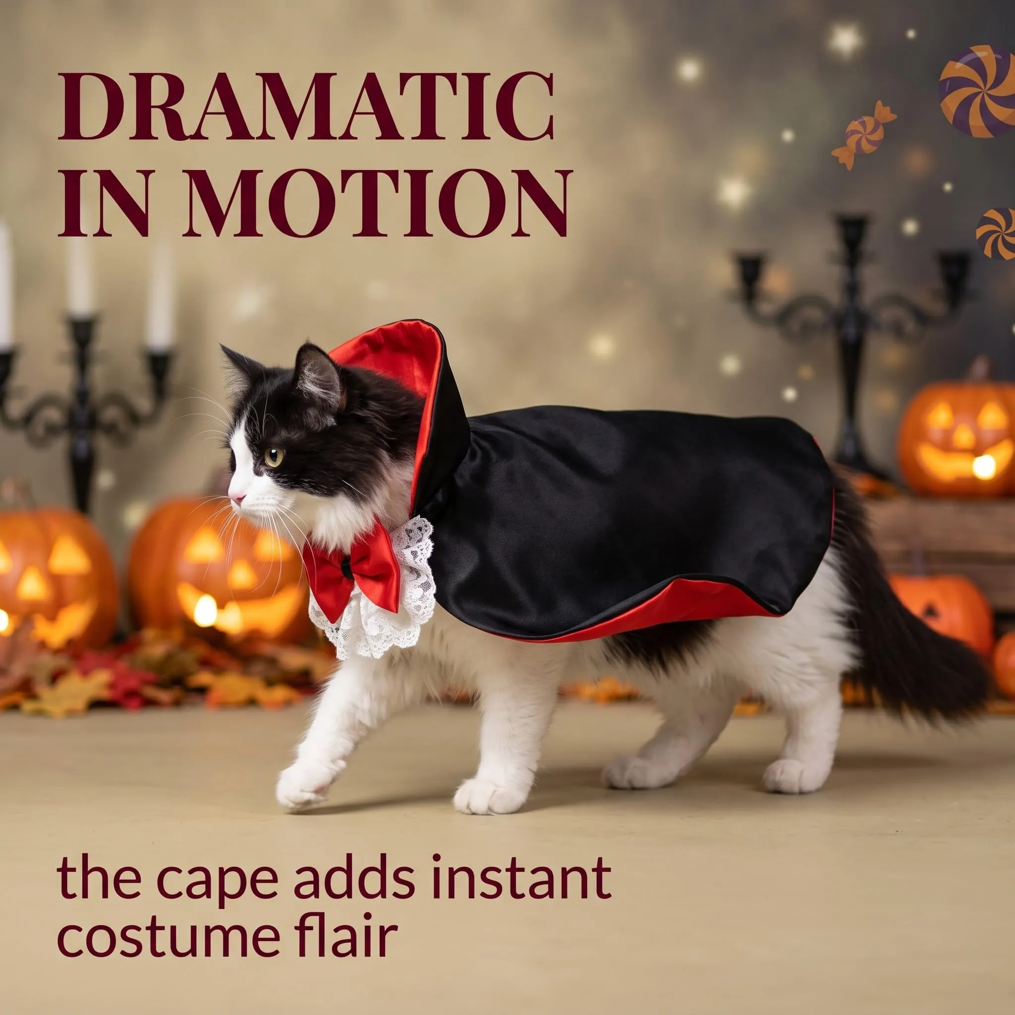 Mantello Halloween per Gatti e Cani Taglia S, Costume Halloween Gatto con Farfallino, Mantellina per Travestimento Animali Domestici, Accessorio per Feste - immagine 7
