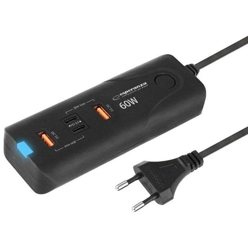 Esperanza EZC109 Caricatore Rapido 60W 2xUSB-C + 2xUSB-A Nero - immagine 1