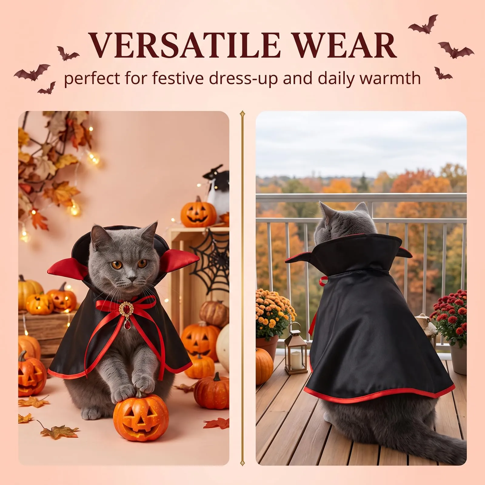 Mantello Halloween Gatto Cane - Costume Halloween Gatto Rosso Taglia M, Mantello Halloween Animali per Travestimento Festa, Vestito Carnevale per Gatti e Cani Piccoli - immagine 4