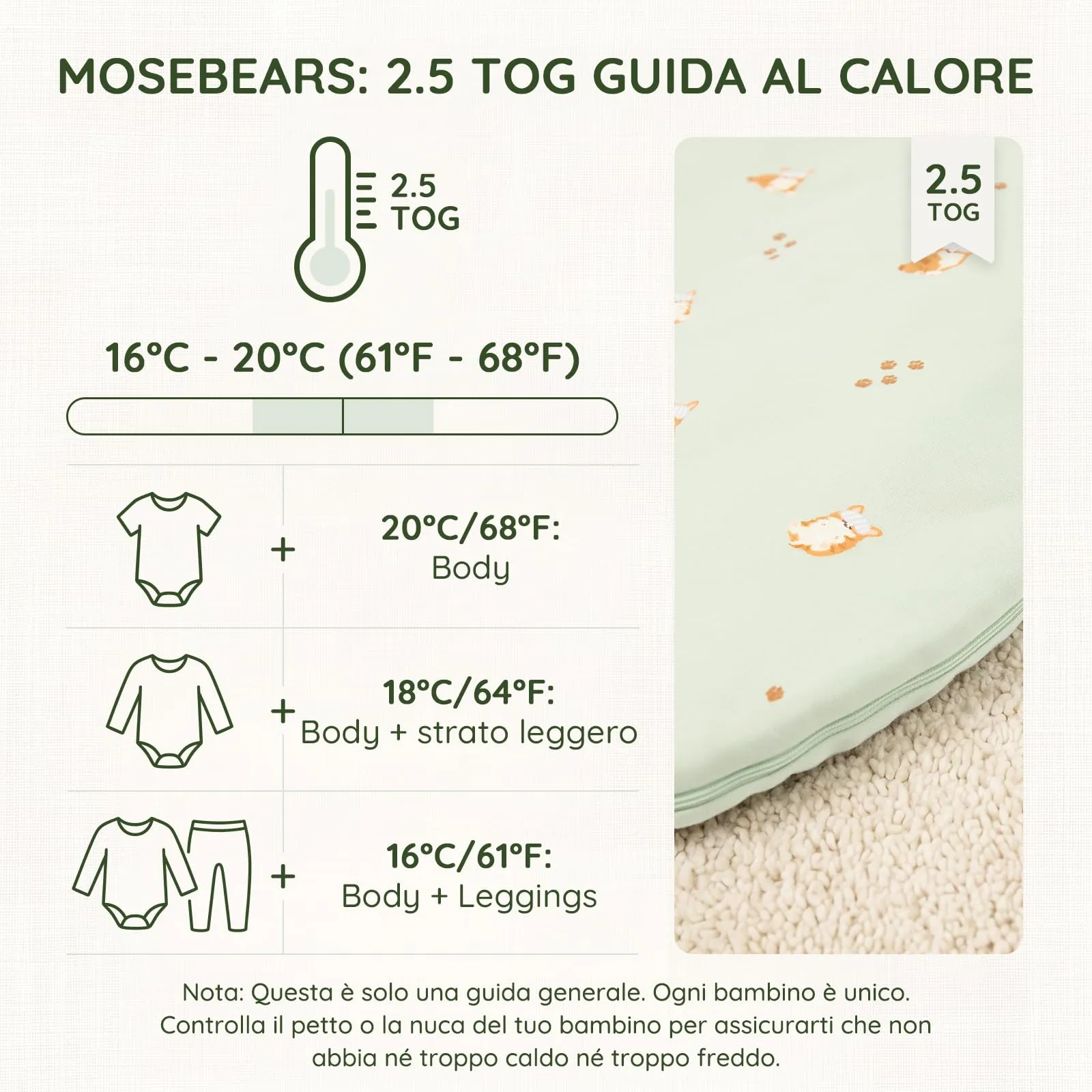 Mosebears Sacco Nanna Invernale 2,5 TOG con Maniche Staccabili, Green, 0-6 Mesi - immagine 6