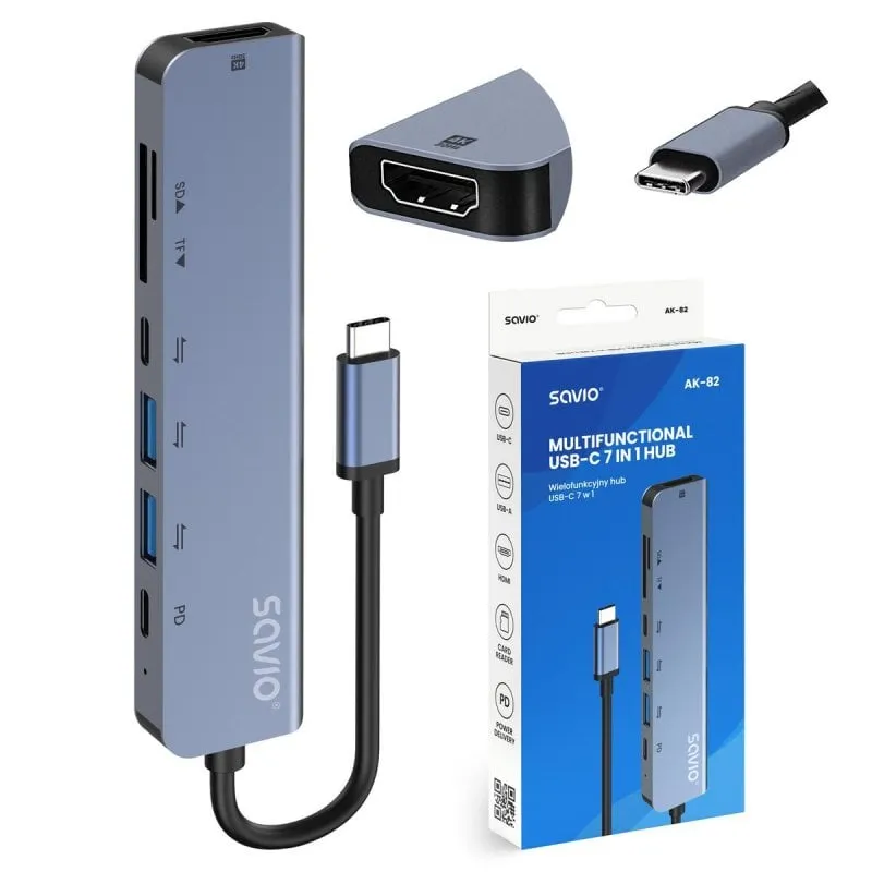Hub Savio 7 porte 5Gbps modello AK-82 con HDMI 4K lettore SD USB-C PD - immagine 1
