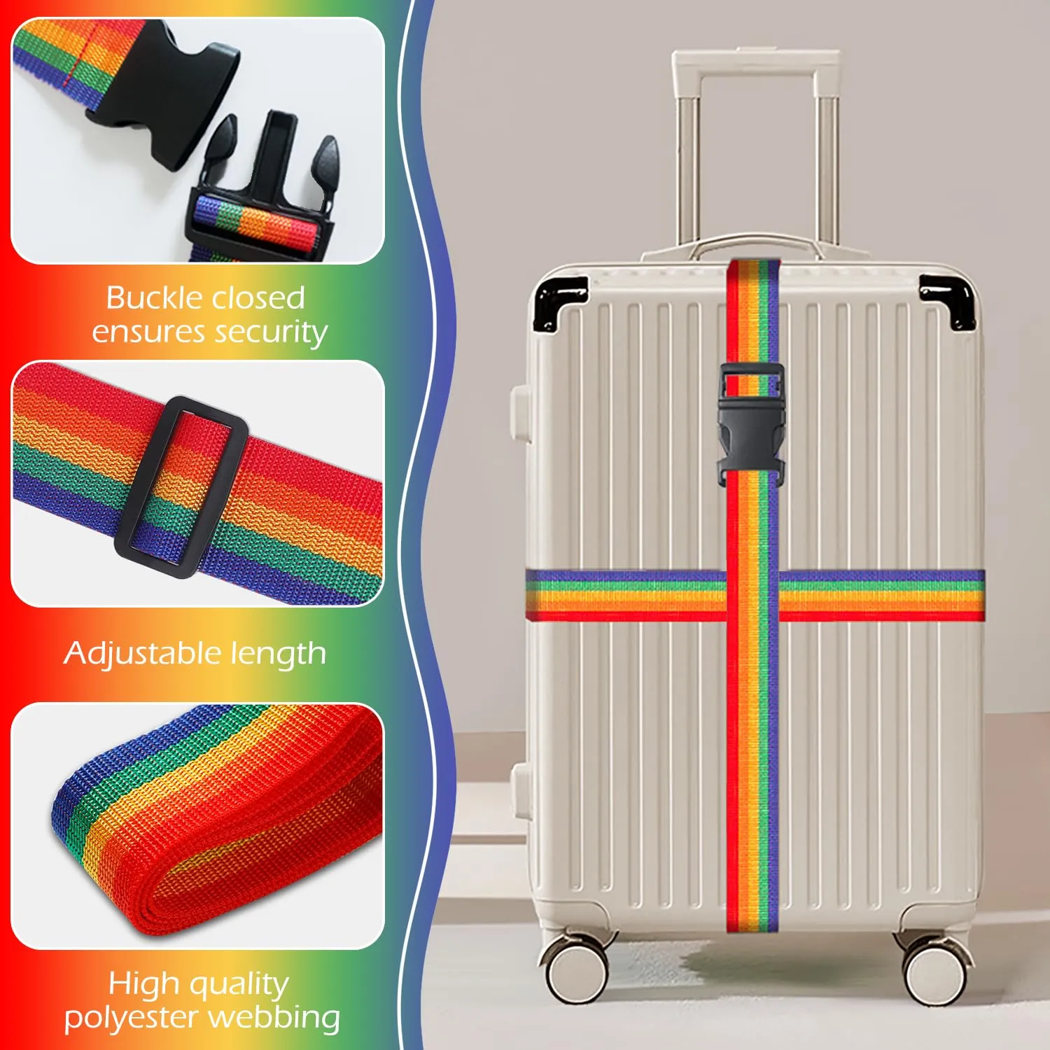 Cinghia per Valigia 2 Pezzi, con 2 Etichette per Bagagli, Arcobaleno - immagine 2