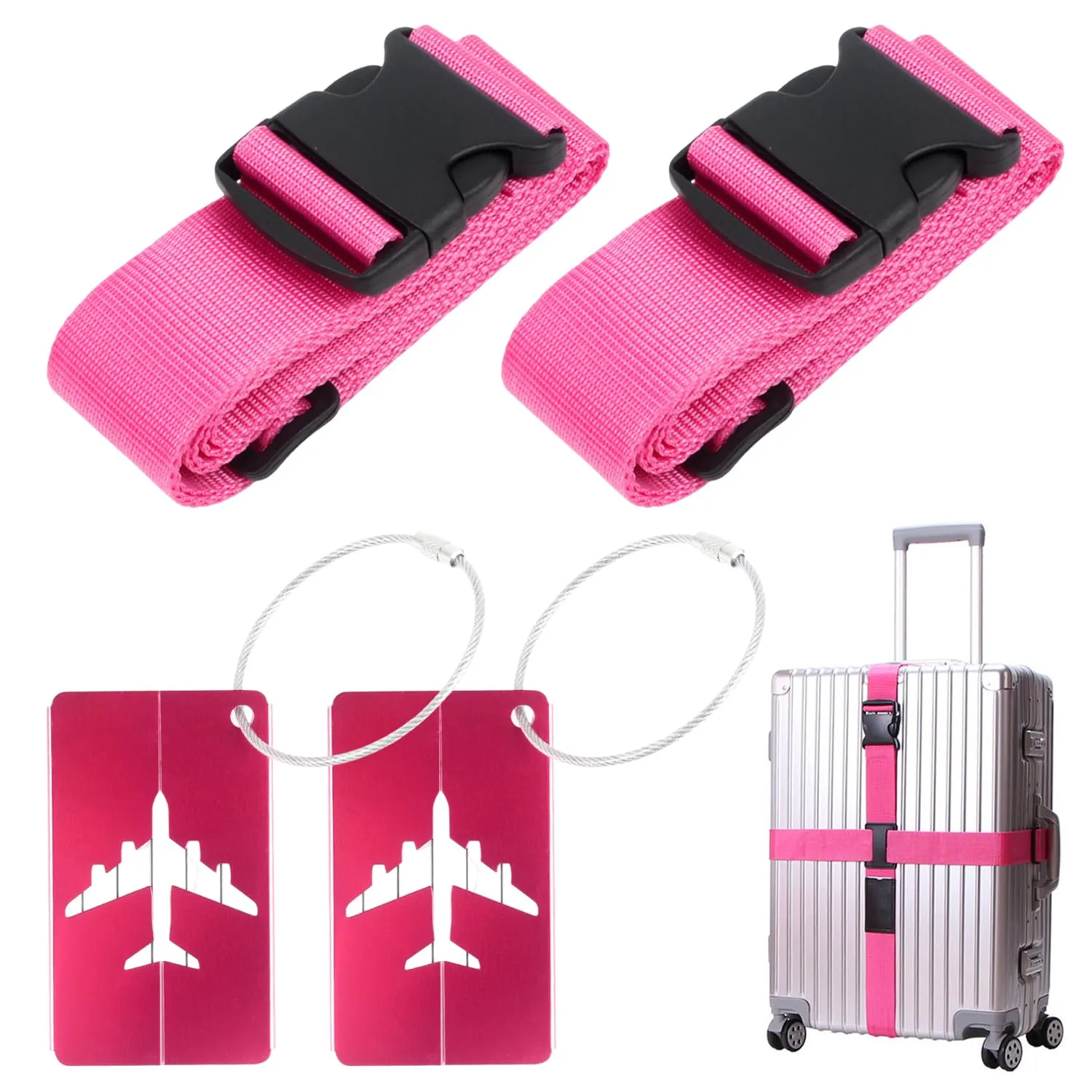 Cinghia per Valigia 2 Pezzi, con 2 Etichette per Bagagli, 5 x 200 cm, Rosa - immagine 1