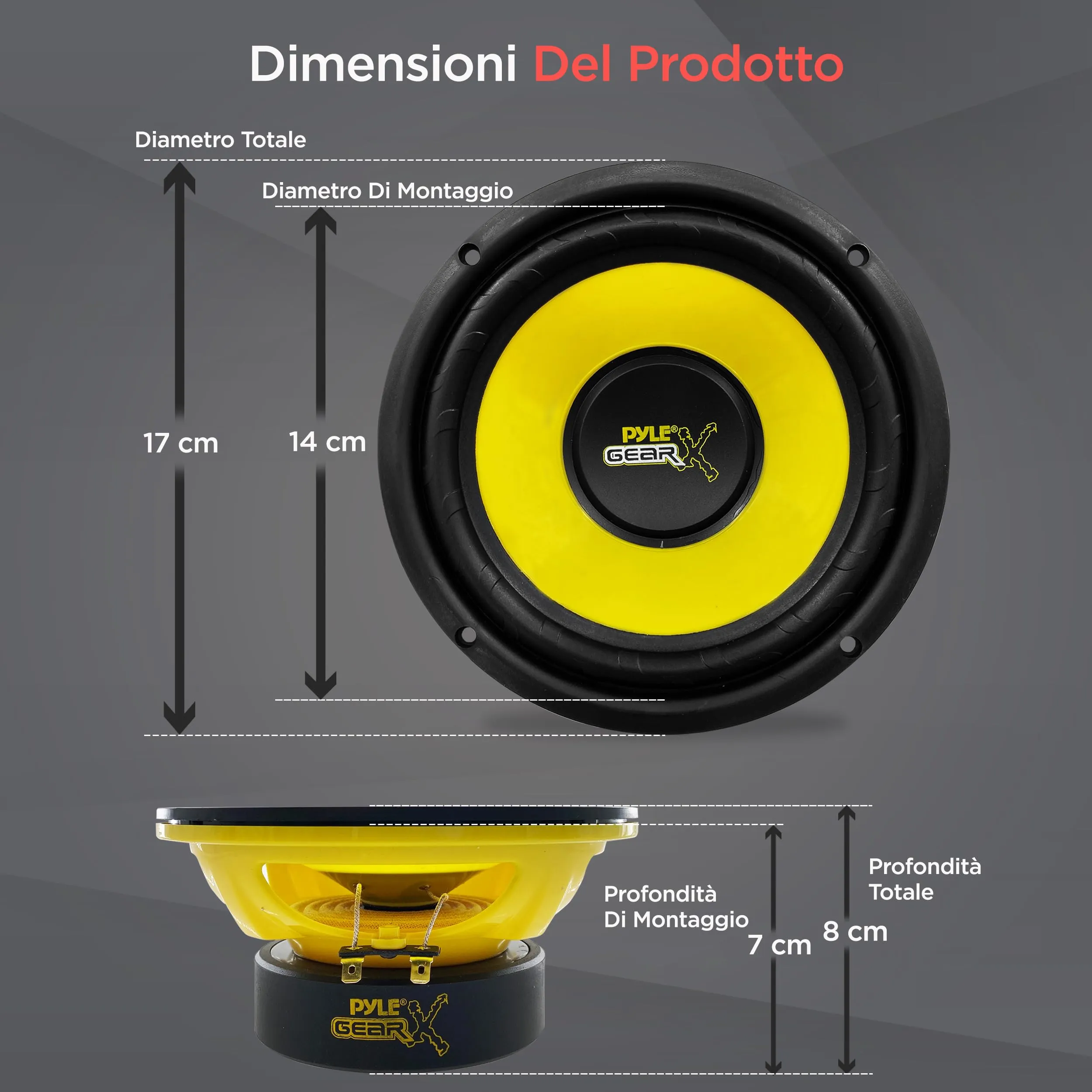 Pyle Altoparlanti Auto Woofer 16,5 Centimetri, Casse Audio 300 Watt Potenza Picco, 4 Ohm Impedenza, Risposta Frequenza 60-20KHz per Stereo Auto, Giallo - immagine 2