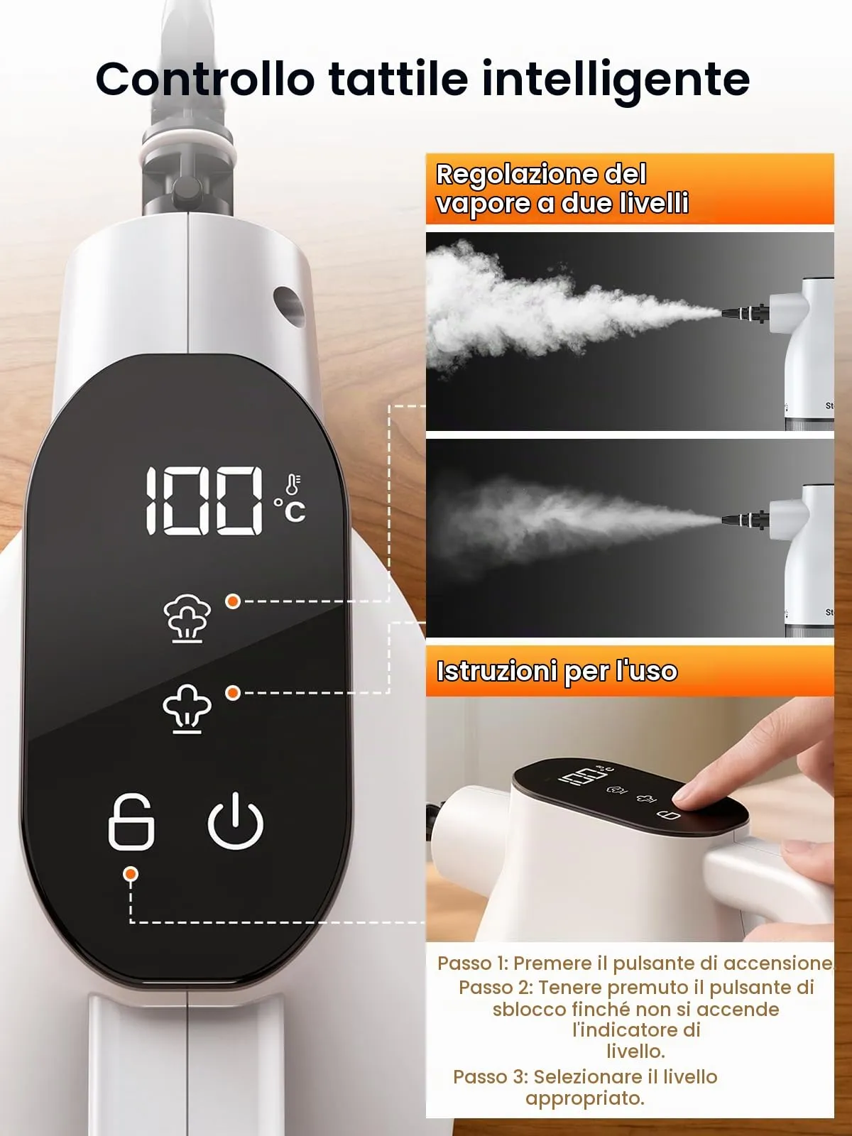 Pulitore a vapore con touchscreen intelligente, riscaldamento in 10 secondi - immagine 4
