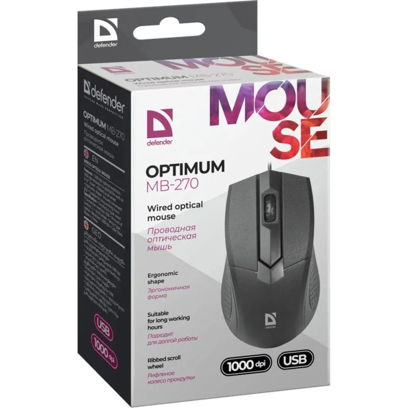 Mouse Defender Optimum MB-270 USB 1000 DPI Nero Ergonomico per Destra - immagine 1