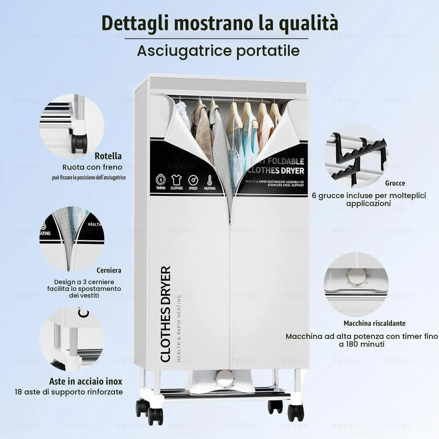 Kiseely Stendino Elettrico Asciugabiancheria Asciugatrice, Asciugatrice portatile con timer, Armadio per asciugare la biancheria da 60 pollici con grande capacità (Grigio FJ6) - immagine 4