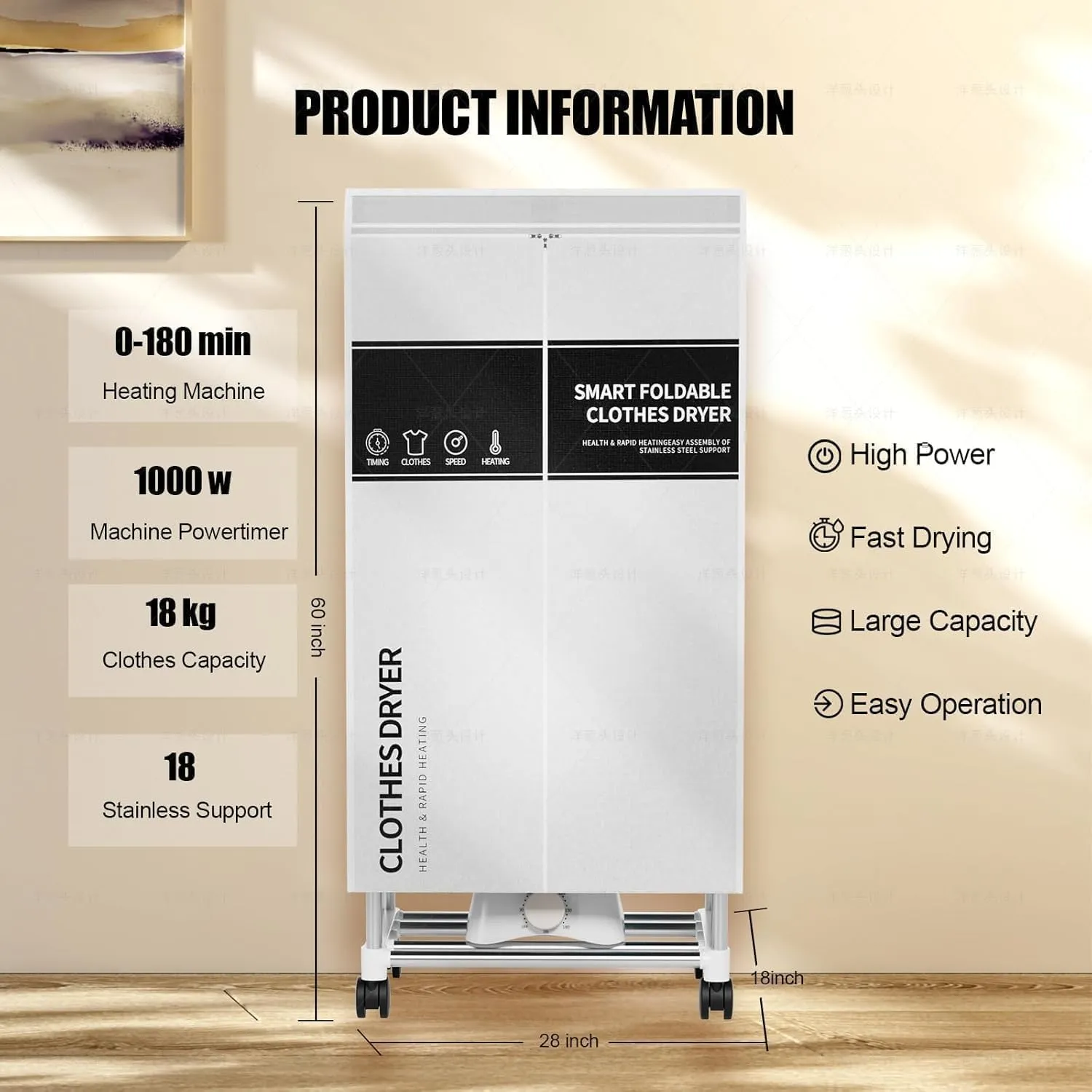 Kiseely Stendino Elettrico Asciugabiancheria Asciugatrice, Asciugatrice portatile con timer, Armadio per asciugare la biancheria da 60 pollici con grande capacità (Grigio FJ6) - immagine 6