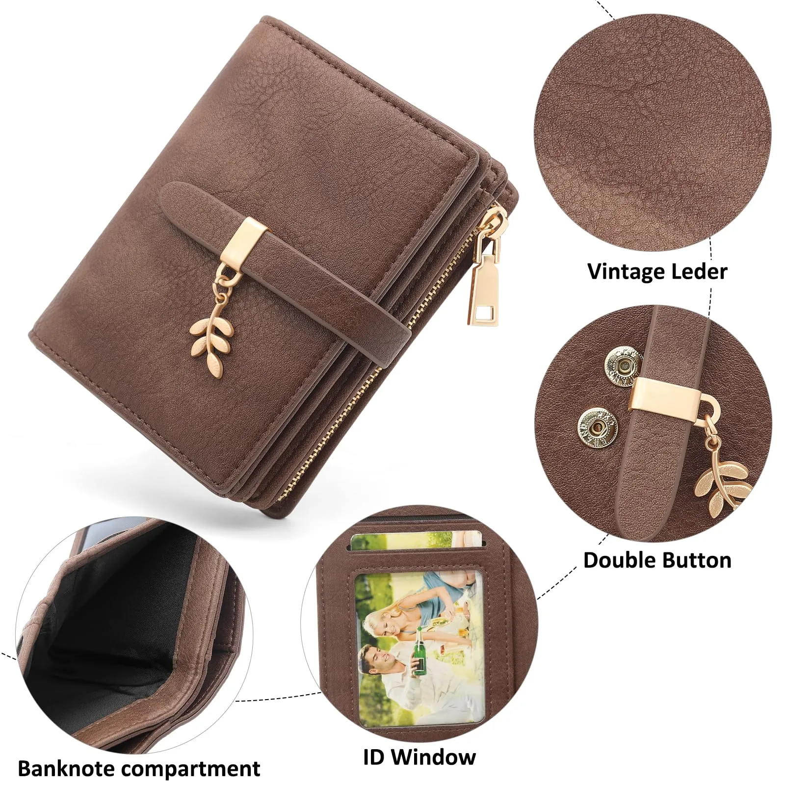 HNOOM Portafoglio Donna Piccolo, Portafogli in Pelle PU Slim Formato Corto Protezione RFID Portafoglio da Donna con Cerniera Portamonete e 19 Porta Credito Carte (Marrone Caffè) - immagine 4