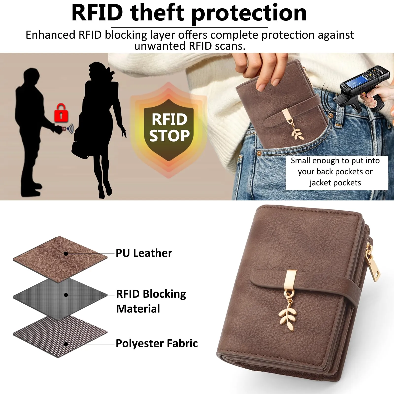 HNOOM Portafoglio Donna Piccolo, Portafogli in Pelle PU Slim Formato Corto Protezione RFID Portafoglio da Donna con Cerniera Portamonete e 19 Porta Credito Carte (Marrone Caffè) - immagine 5
