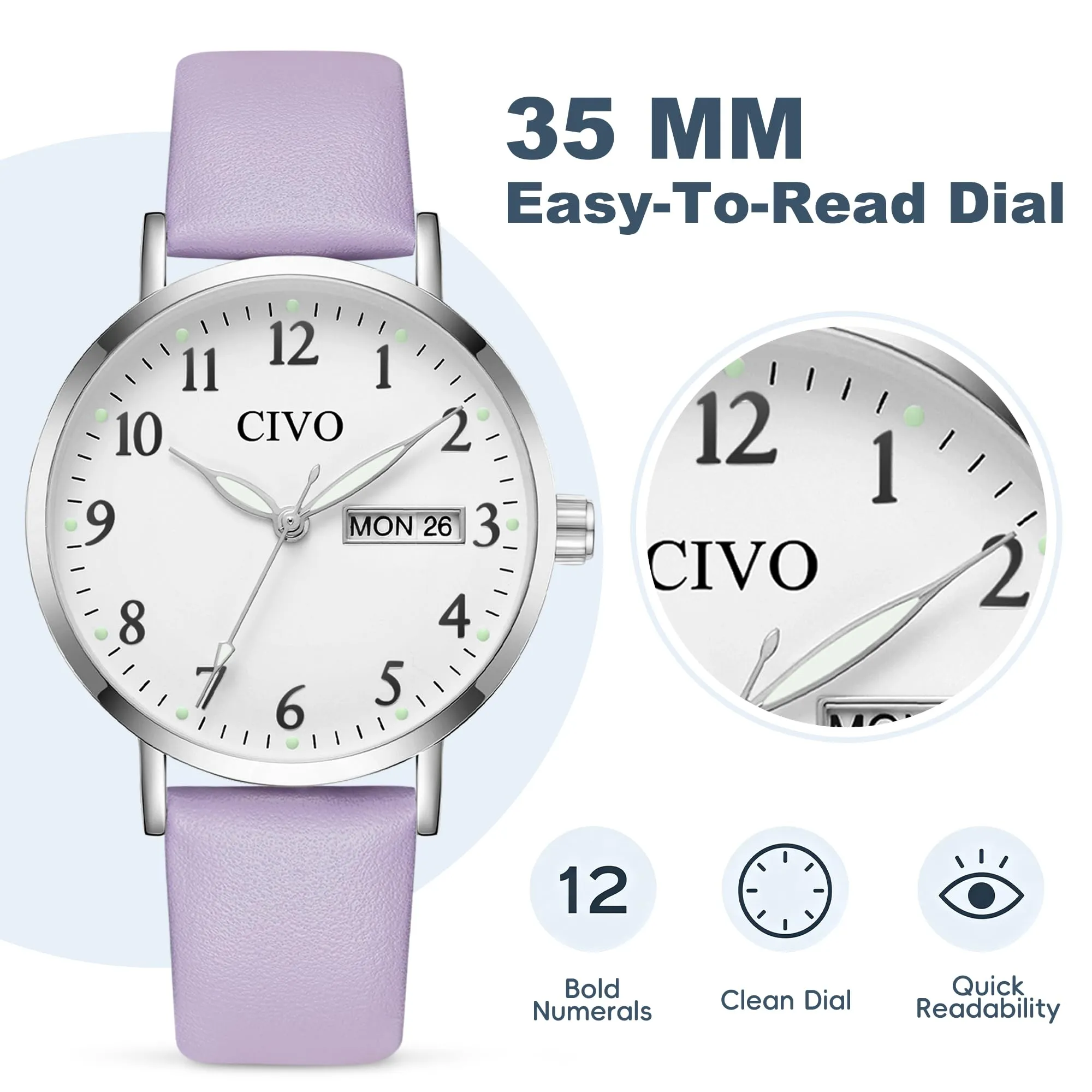 CIVO Orologio Donna Facile Lettura: Analogico 35mm Quadrante Grande Numeri - immagine 4