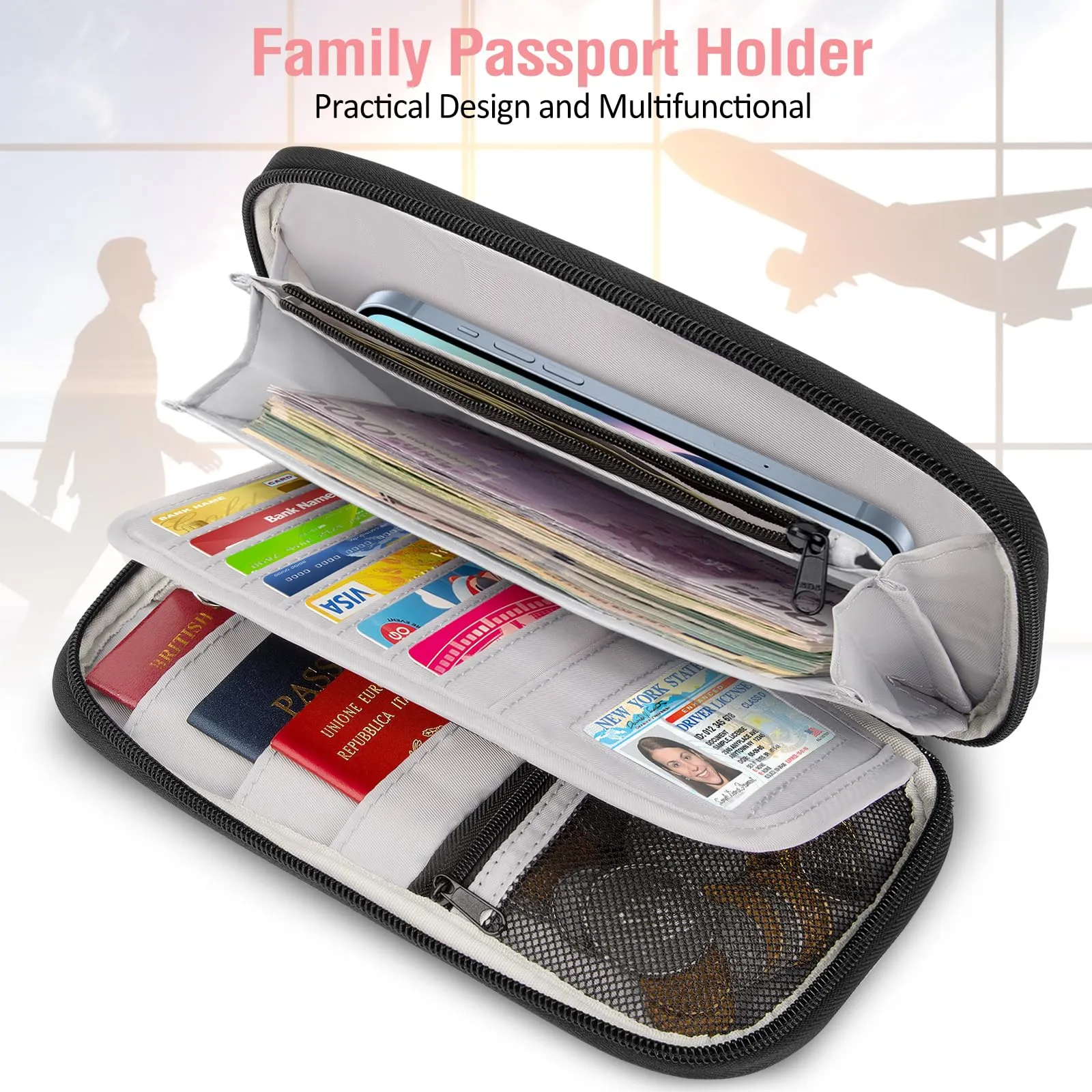 LUROON Custodia Porta Passaporti Famiglia con Protezione RFID Porta documenti da Viaggio Portafoglio Documenti & Organizer per Passaporti, Carte di credito, Carte D'Imbarco, Contanti, Monete - immagine 4