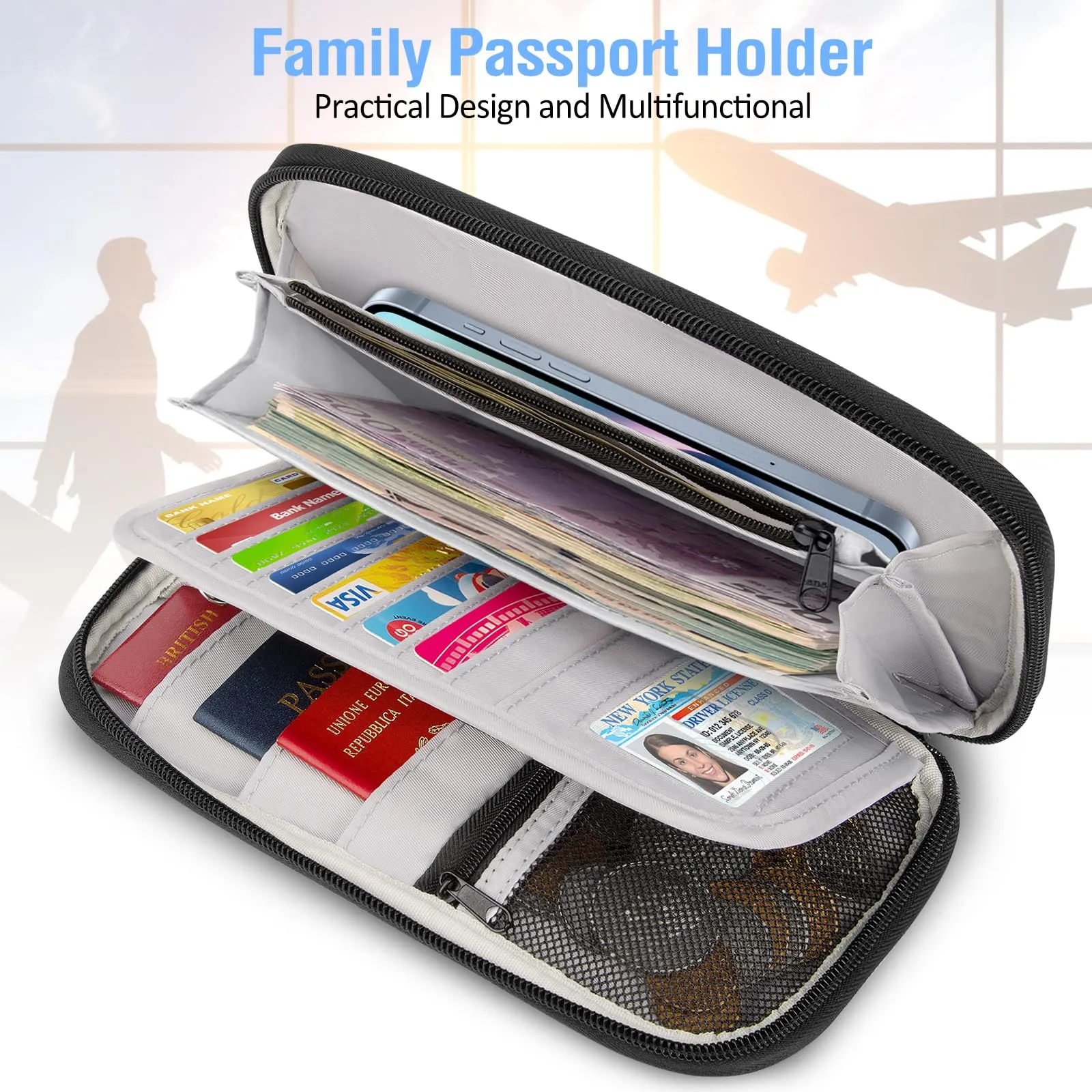 LUROON Custodia Porta Passaporti Famiglia con Protezione RFID Porta documenti da Viaggio Portafoglio Documenti & Organizer per Passaporti, Carte di credito, Carte D'Imbarco, Contanti, Monete - immagine 5