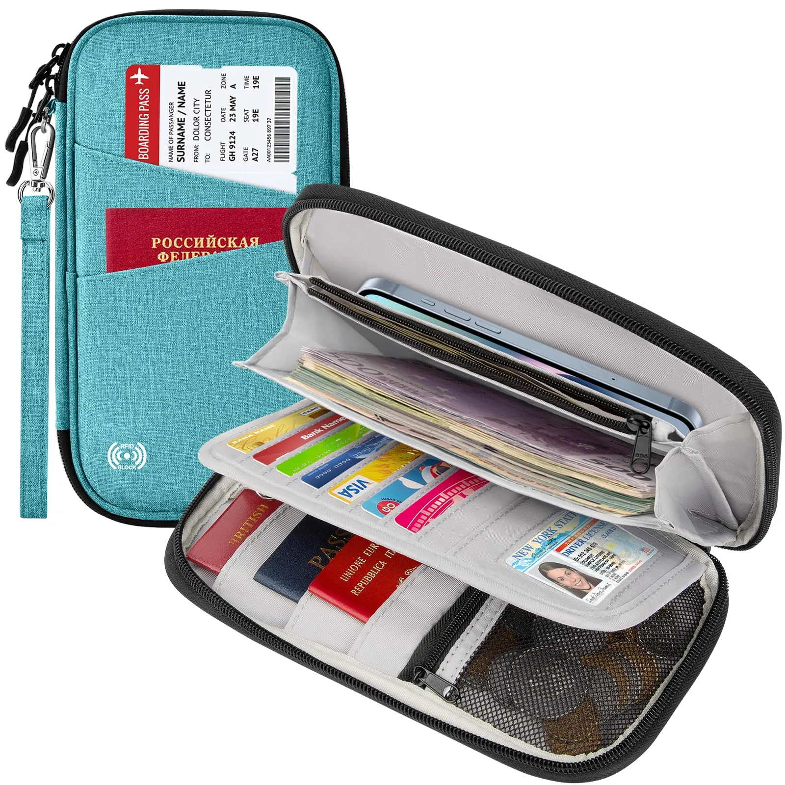 LUROON Custodia Porta Passaporti Famiglia con Protezione RFID Porta documenti da Viaggio Portafoglio Documenti & Organizer per Passaporti, Carte di credito, Carte D'Imbarco, Contanti, Monete - immagine 9