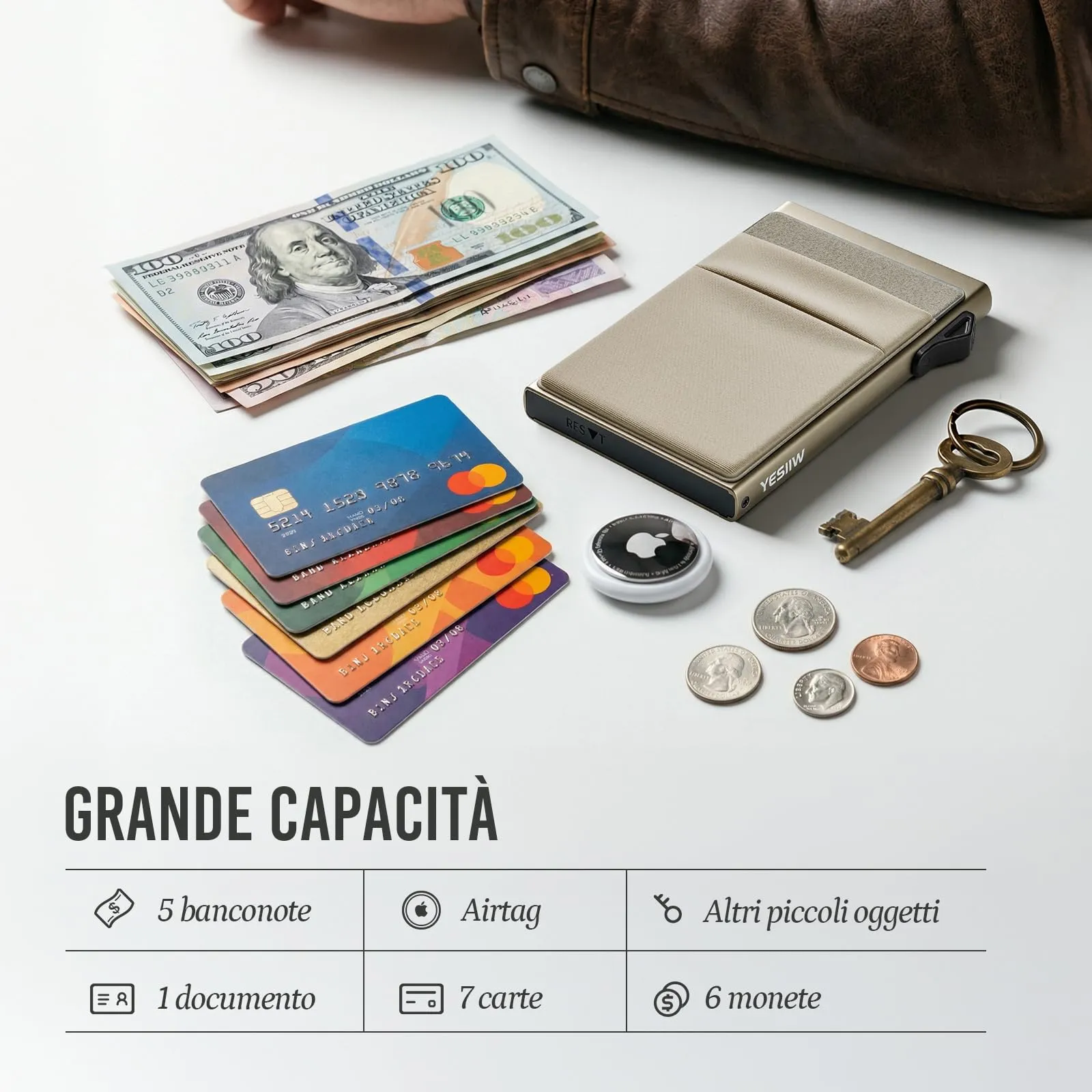 YESIIW Portafoglio sottile da uomo, porta carte di credito pop up, blocco RFID, minimalista, con tasca per soldi, porta carte di credito in metallo, per banconote, monete e carte di debito, nero - immagine 4