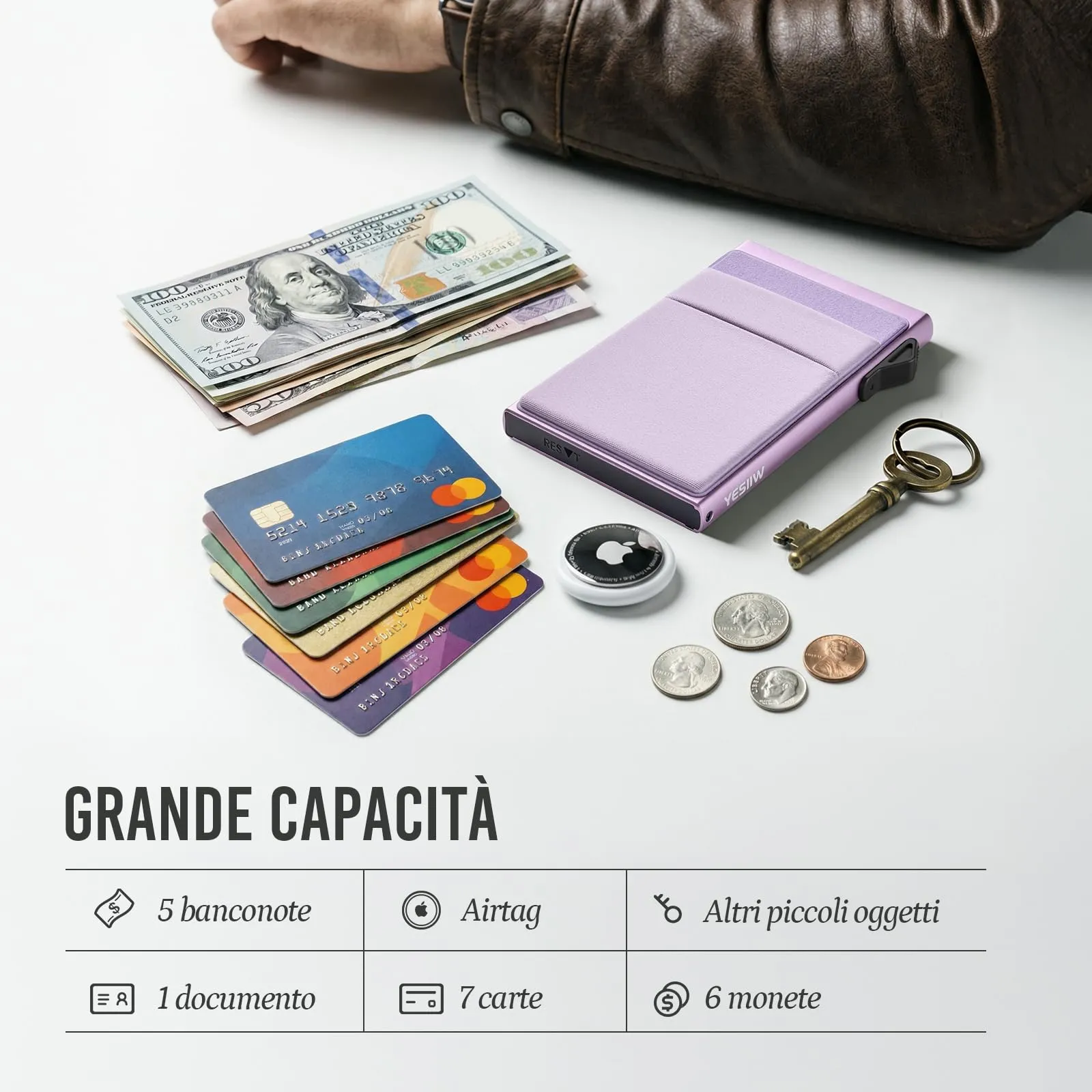 YESIIW Portafoglio sottile da uomo, porta carte di credito pop up, blocco RFID, minimalista, con tasca per soldi, porta carte di credito in metallo, per banconote, monete e carte di debito, nero - immagine 4