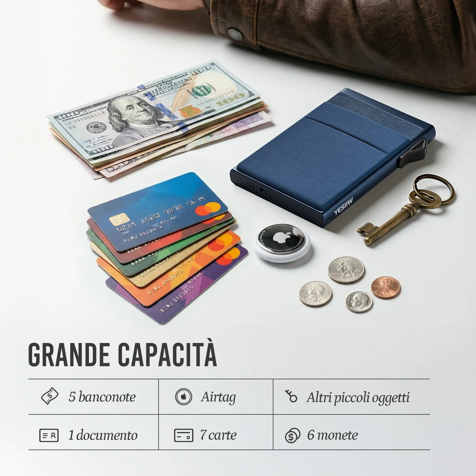 YESIIW Portafoglio sottile da uomo, porta carte di credito pop up, blocco RFID, minimalista, con tasca per soldi, porta carte di credito in metallo, per banconote, monete e carte di debito, nero - immagine 4