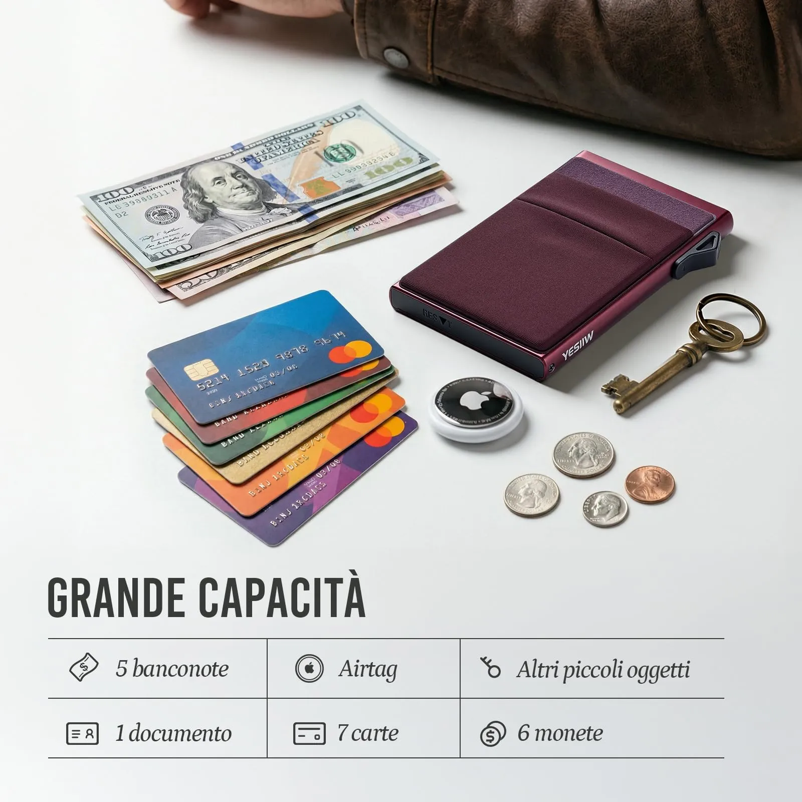 YESIIW Portafoglio sottile da uomo, porta carte di credito pop up, blocco RFID, minimalista, con tasca per soldi, porta carte di credito in metallo, per banconote, monete e carte di debito, nero - immagine 4