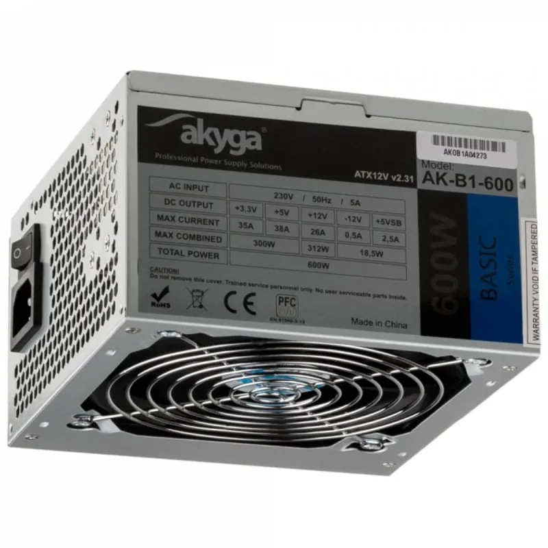 Fonte di Alimentazione Akyga 600W Certificazione CE ATX AK-B1-600 Non modulare - immagine 1