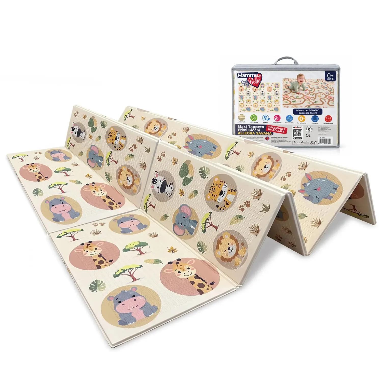 Tappeto Gioco Primi Passi Allegra Savana Pieghevole 200x180cm Spessore 15mm - immagine 1