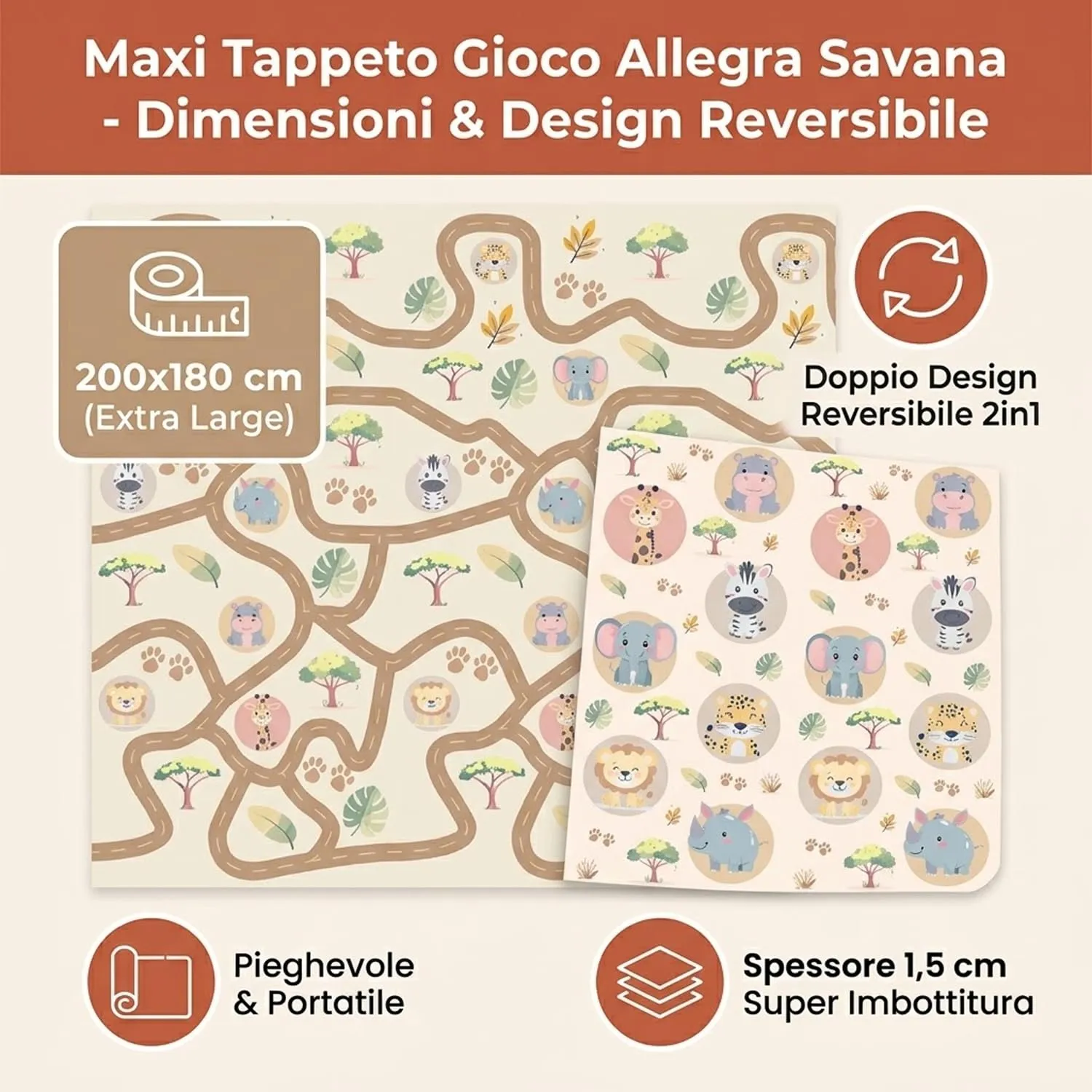 Tappeto Gioco Primi Passi Allegra Savana Pieghevole 200x180cm Spessore 15mm - immagine 7