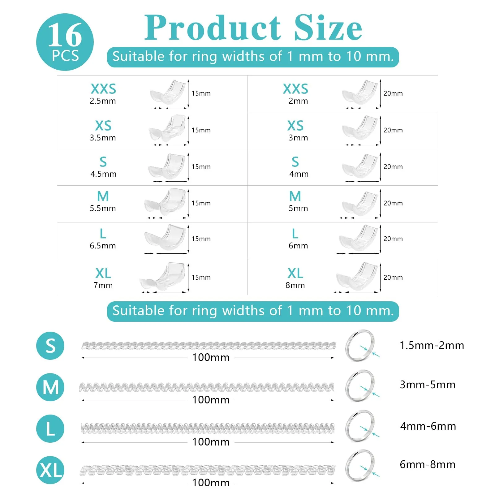 Mepkylos Riduttori Anello Silicone 16 Pz, Invisibili per Anelli Larghi - immagine 2