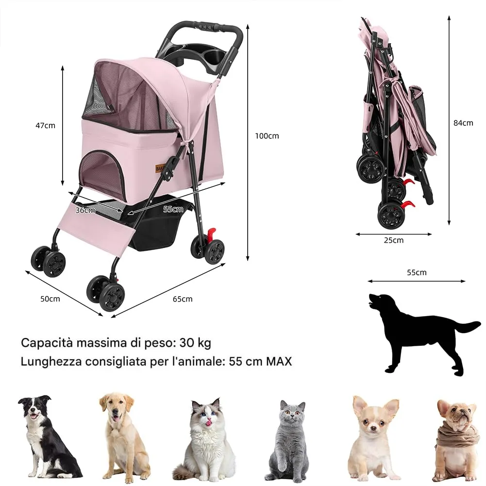 BAKAJI Passeggino per Animali Domestici Carico Massimo 30kg, Carrozzina per Cani e Gatti Pieghevole e Salvaspazio con Cestello Portaoggetti e Ruote Bloccabili, Cappottina Protettiva Anti UV (Rosa) - immagine 3