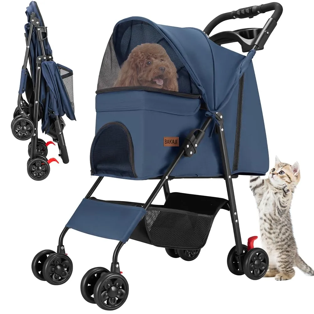 BAKAJI Passeggino per Animali Domestici Carico Massimo 30kg, Carrozzina per Cani e Gatti Pieghevole e Salvaspazio con Cestello Portaoggetti e Ruote Bloccabili, Cappottina Protettiva Anti UV (Blu) - immagine 1