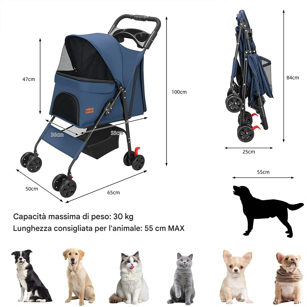 BAKAJI Passeggino per Animali Domestici Carico Massimo 30kg, Carrozzina per Cani e Gatti Pieghevole e Salvaspazio con Cestello Portaoggetti e Ruote Bloccabili, Cappottina Protettiva Anti UV (Blu) - immagine 3