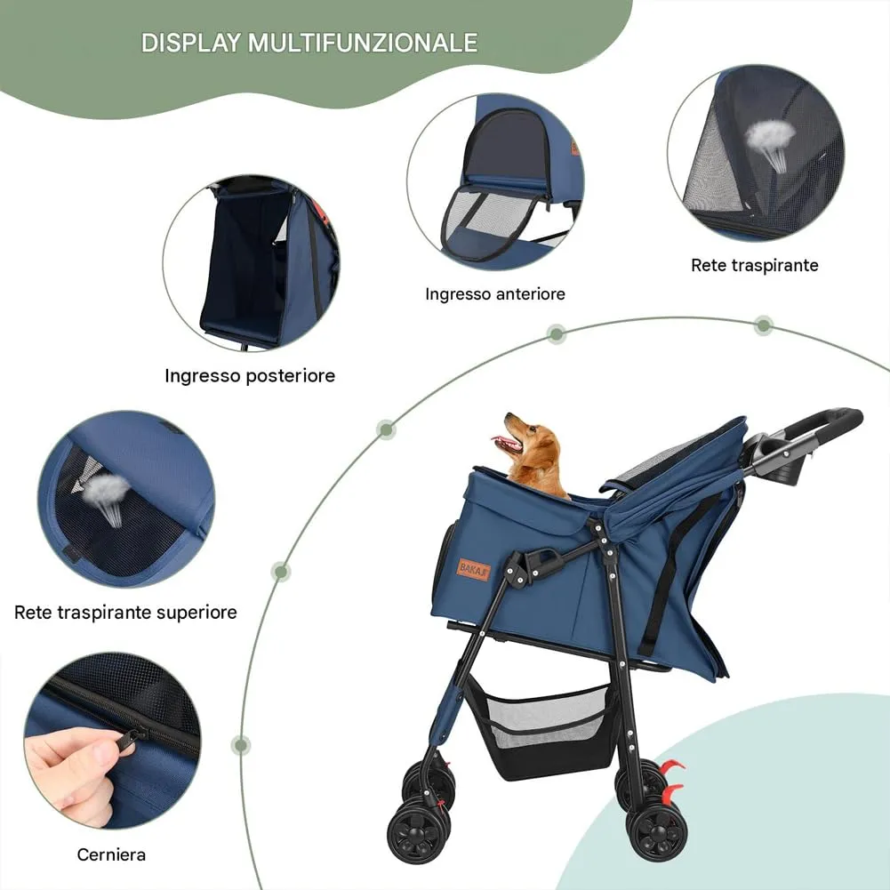 BAKAJI Passeggino per Animali Domestici Carico Massimo 30kg, Carrozzina per Cani e Gatti Pieghevole e Salvaspazio con Cestello Portaoggetti e Ruote Bloccabili, Cappottina Protettiva Anti UV (Blu) - immagine 4