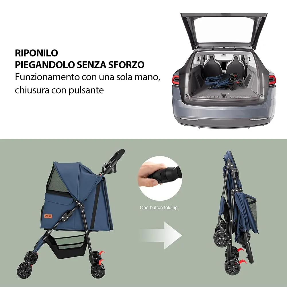 BAKAJI Passeggino per Animali Domestici Carico Massimo 30kg, Carrozzina per Cani e Gatti Pieghevole e Salvaspazio con Cestello Portaoggetti e Ruote Bloccabili, Cappottina Protettiva Anti UV (Blu) - immagine 6