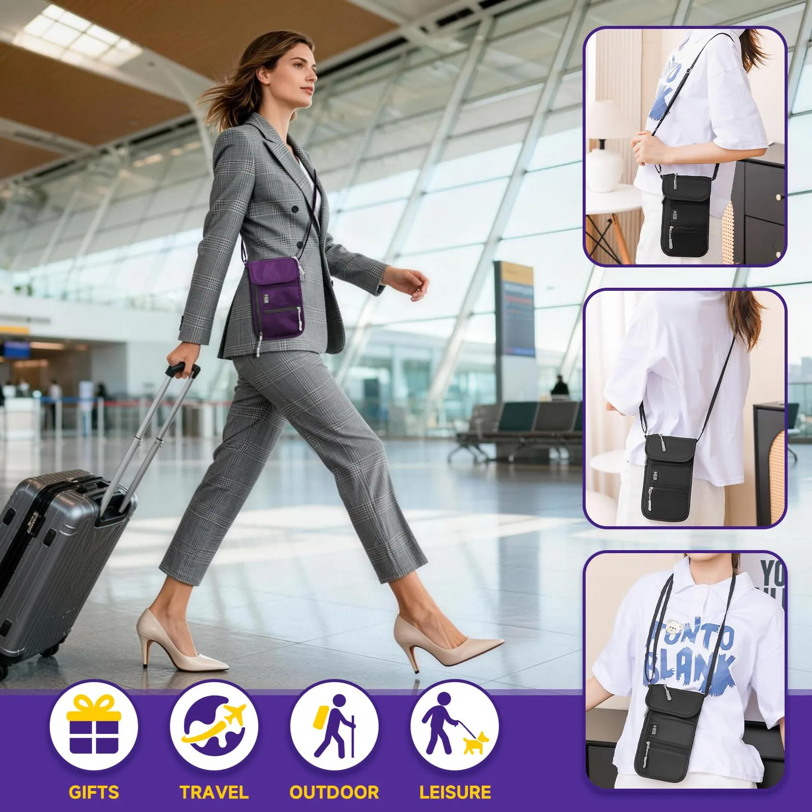 Desing Wish Portadocumenti da Viaggio Porta Passaporto da Collo Donna Uomo Portamonete Borsello Portafoglio da Viaggi Piccolo Portapassassaporto Accessori Viaggio Aereo Cadeau con Blocco RFID - immagine 6